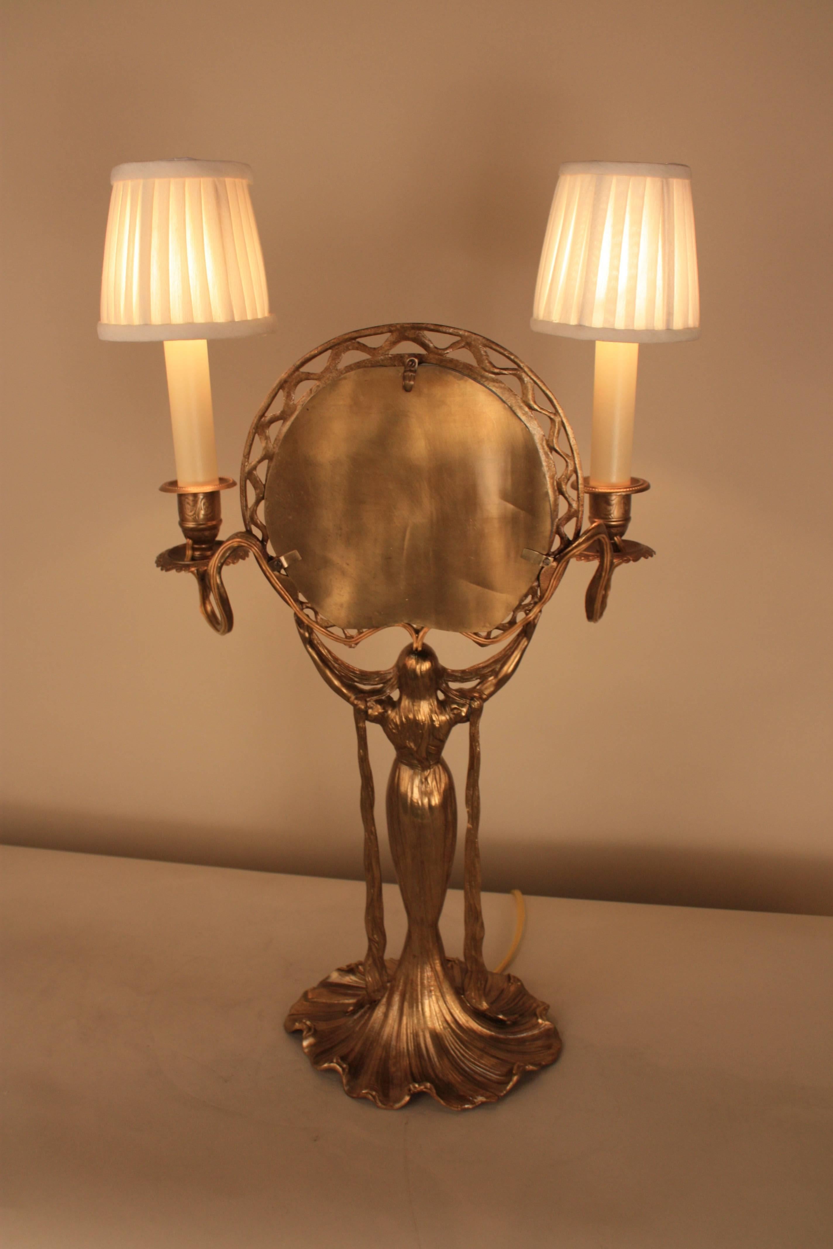 Bronze Art Nouveau Tabletop Mirror with Candleholder 3