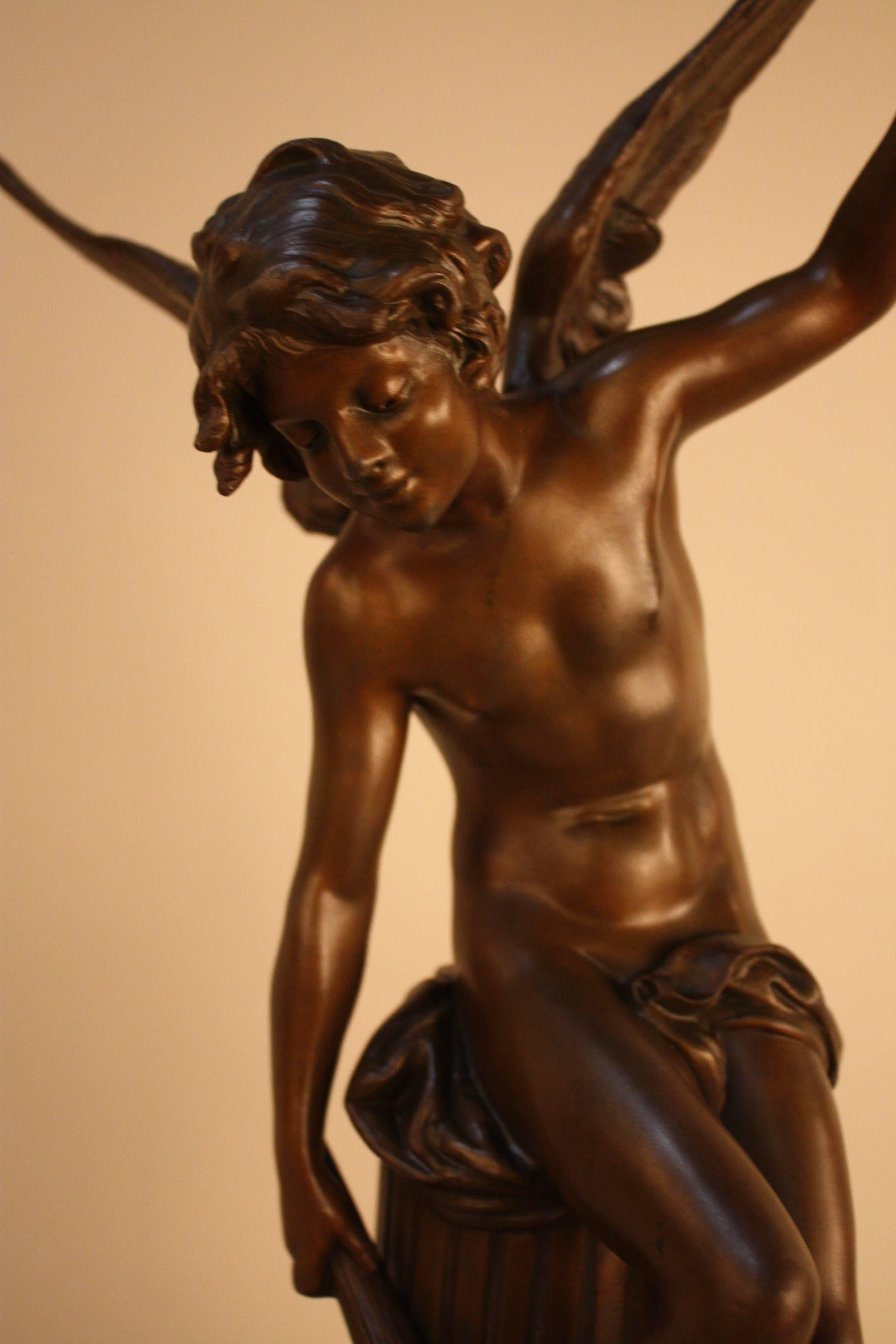 Bronze Sculpture of Young Cupid-Angel Boy Carrying the Torch In Good Condition In Fairfax, VA