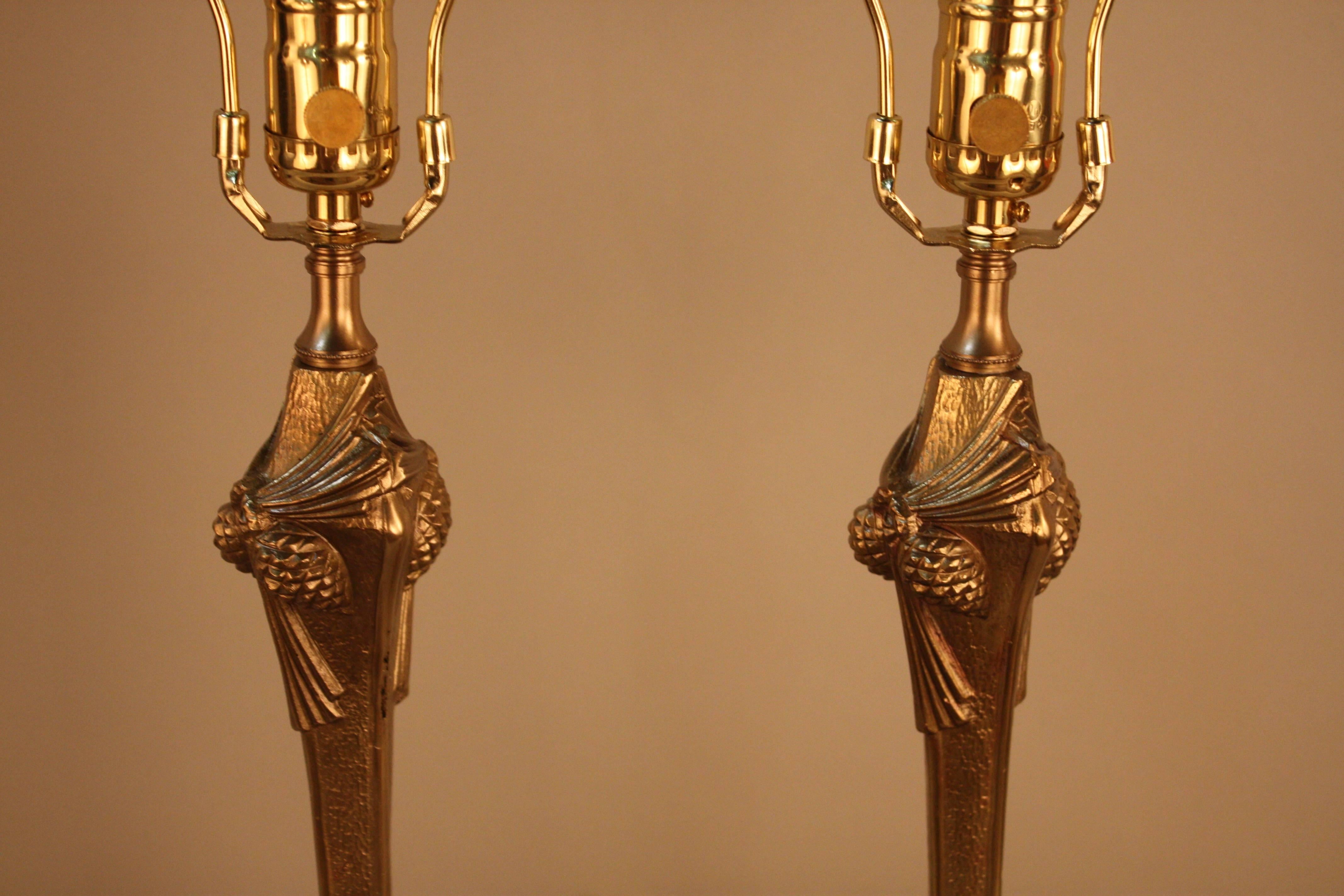 Pair of French 1920s Bronze Table Lamps in Attributed to George Leleu 3