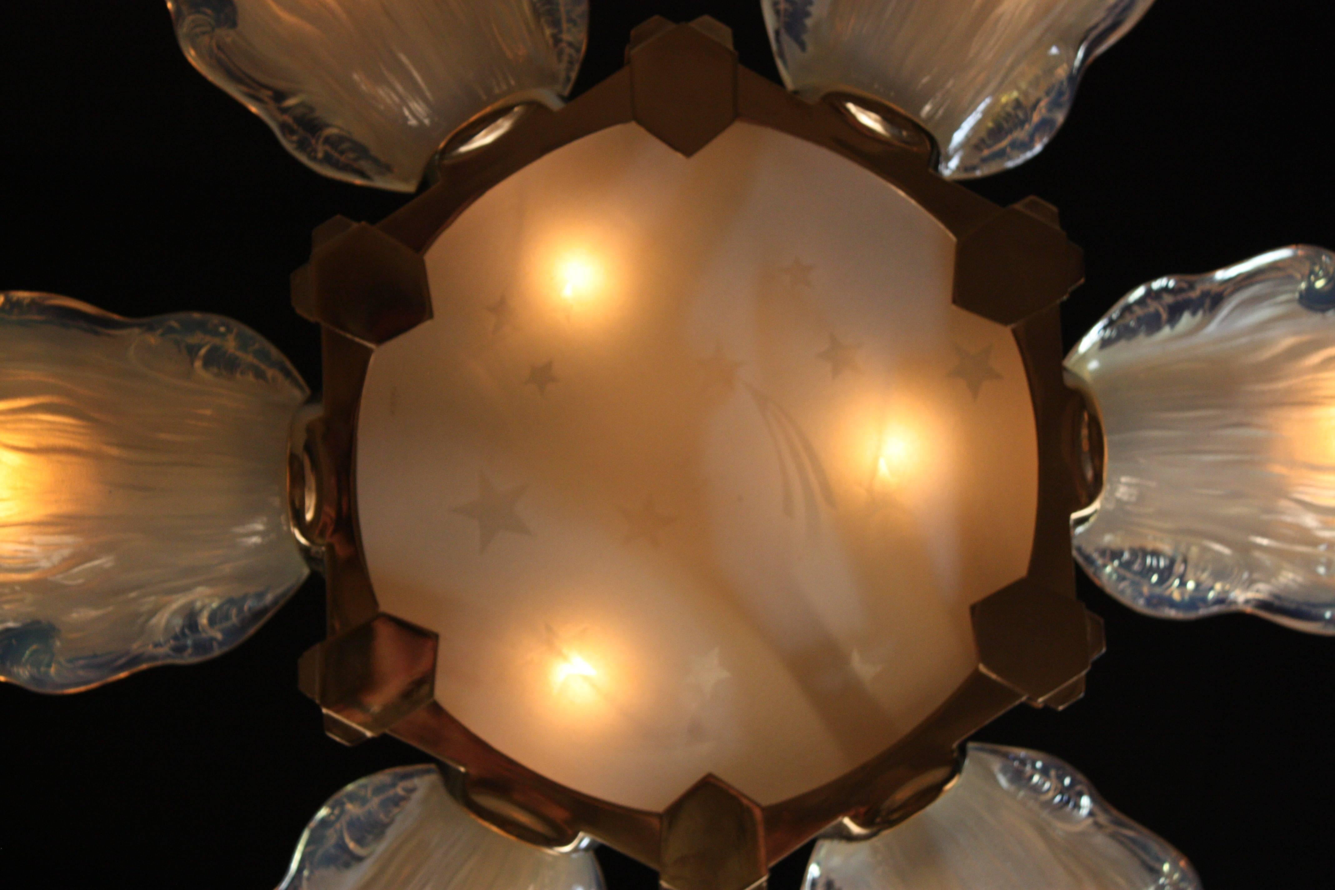 French Opalescent Glass Art Deco Chandelier by Boris Lacroix In Good Condition In Fairfax, VA