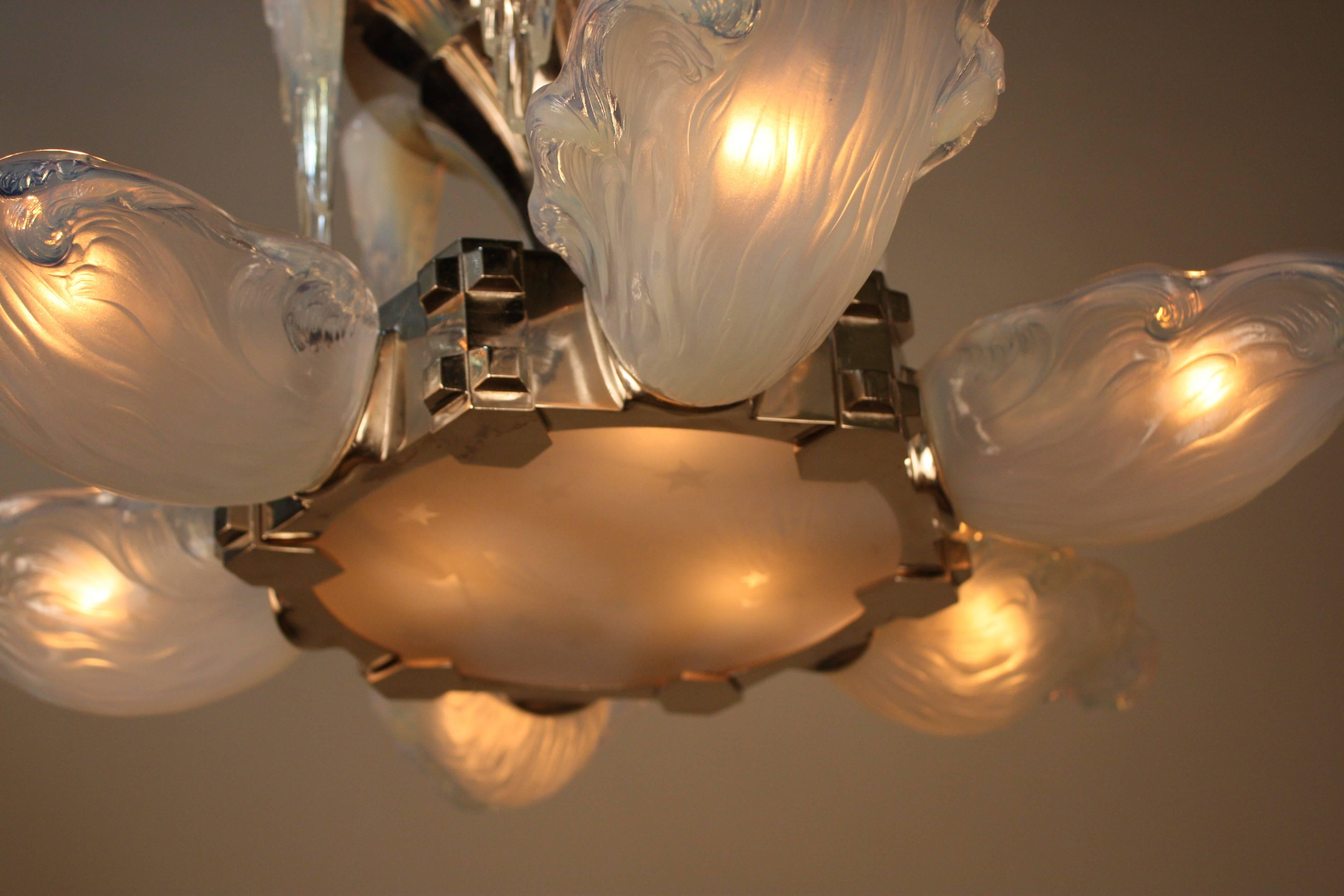 Mid-20th Century French Opalescent Glass Art Deco Chandelier by Boris Lacroix