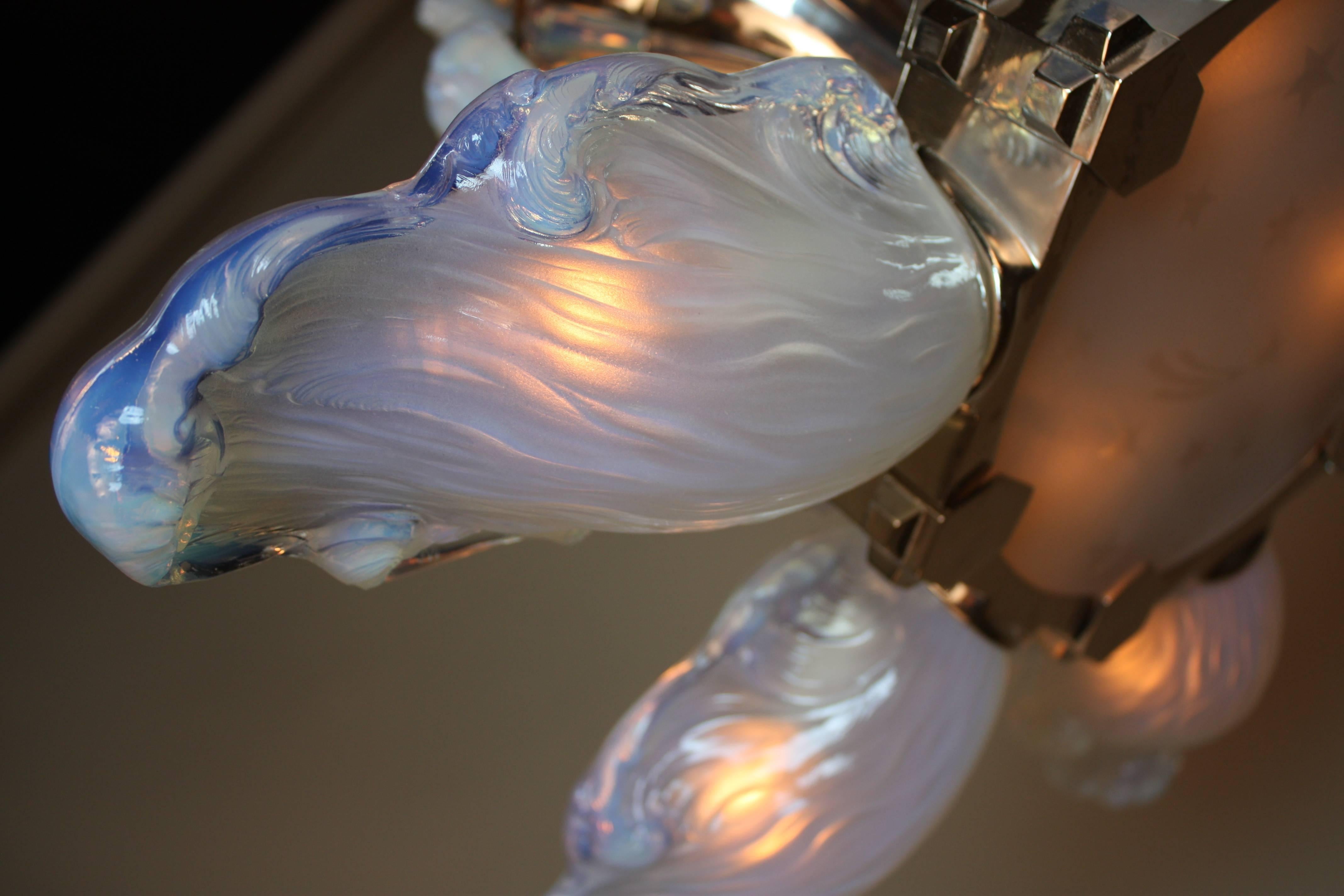 French Opalescent Glass Art Deco Chandelier by Boris Lacroix 1