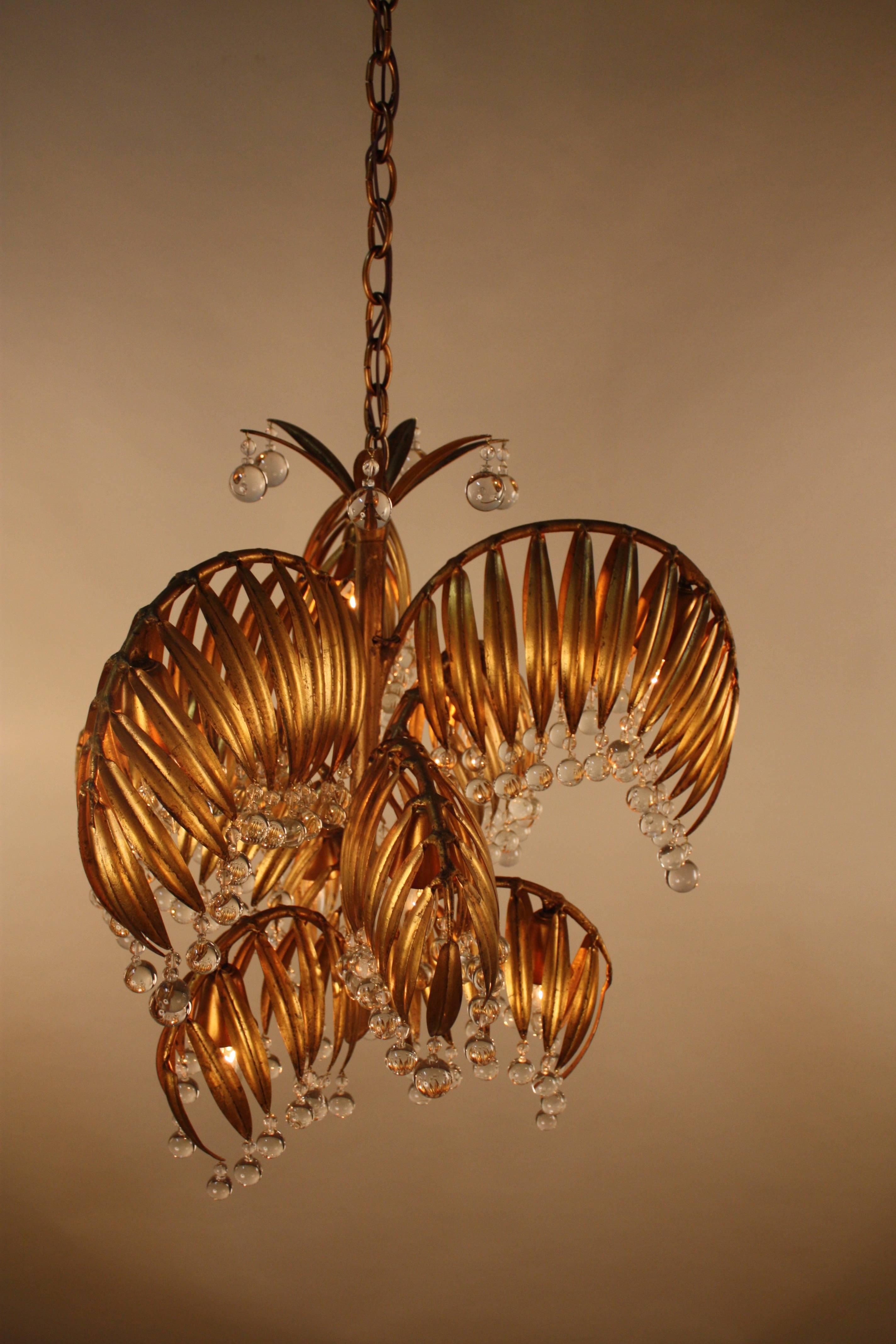 Metalwork Handcrafted Gold Leaf on Metal Palm Tree Crystal Chandelier
