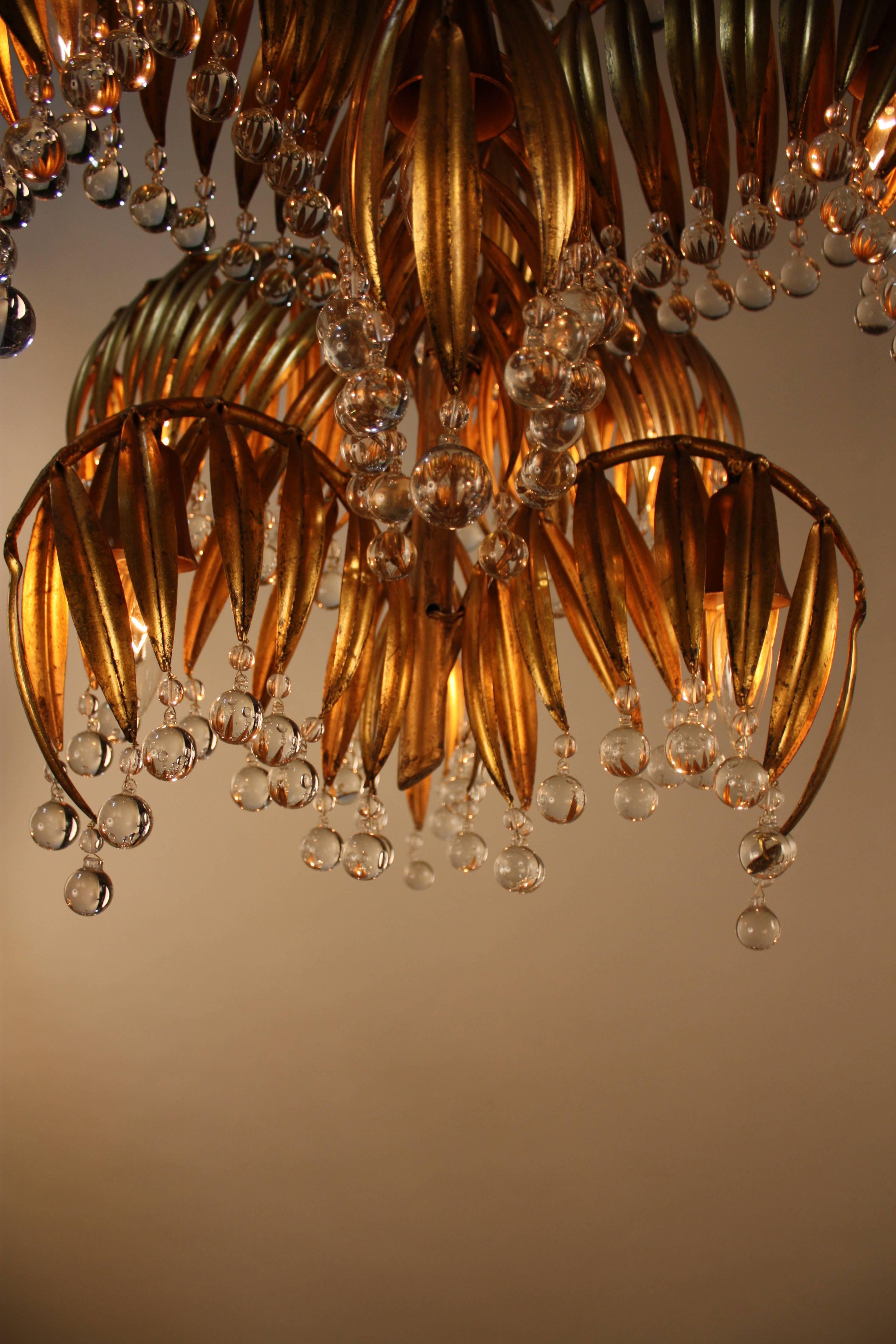 Mid-20th Century Handcrafted Gold Leaf on Metal Palm Tree Crystal Chandelier
