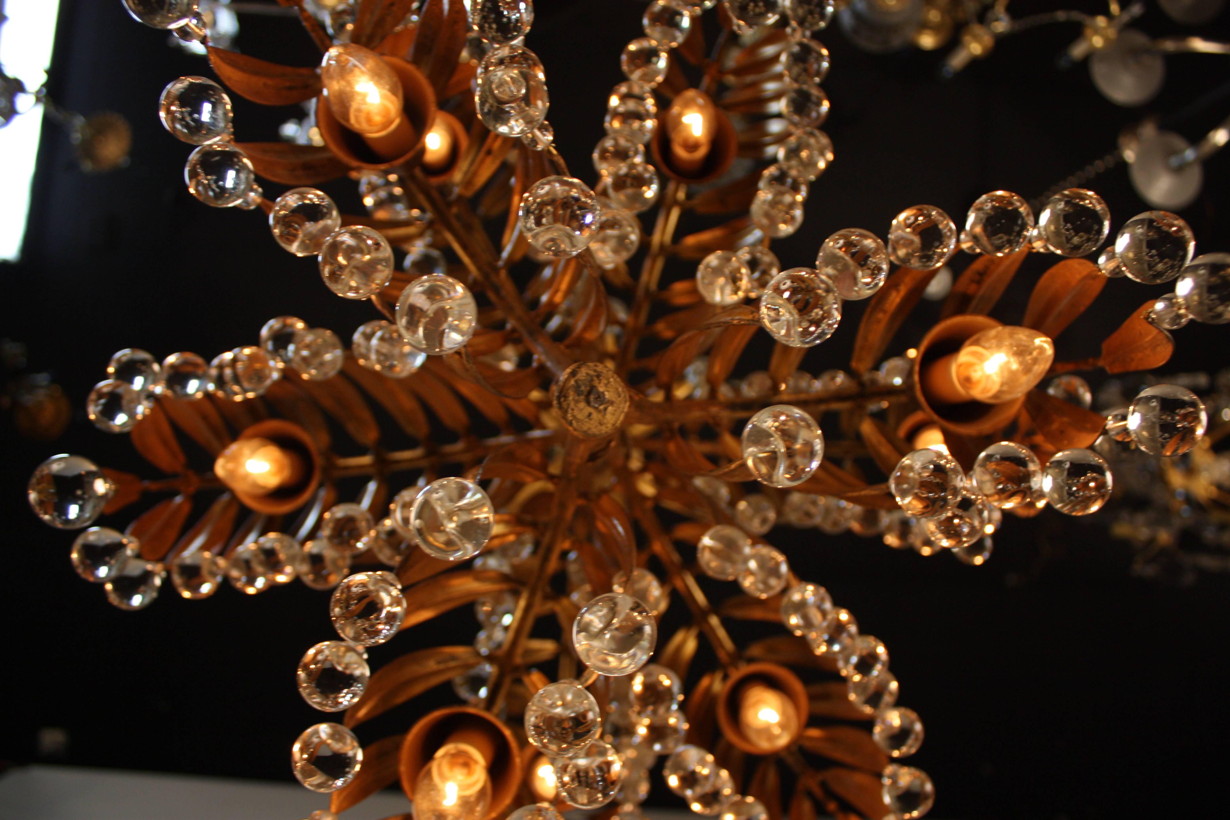 Italian Handcrafted Gold Leaf on Metal Palm Tree Crystal Chandelier