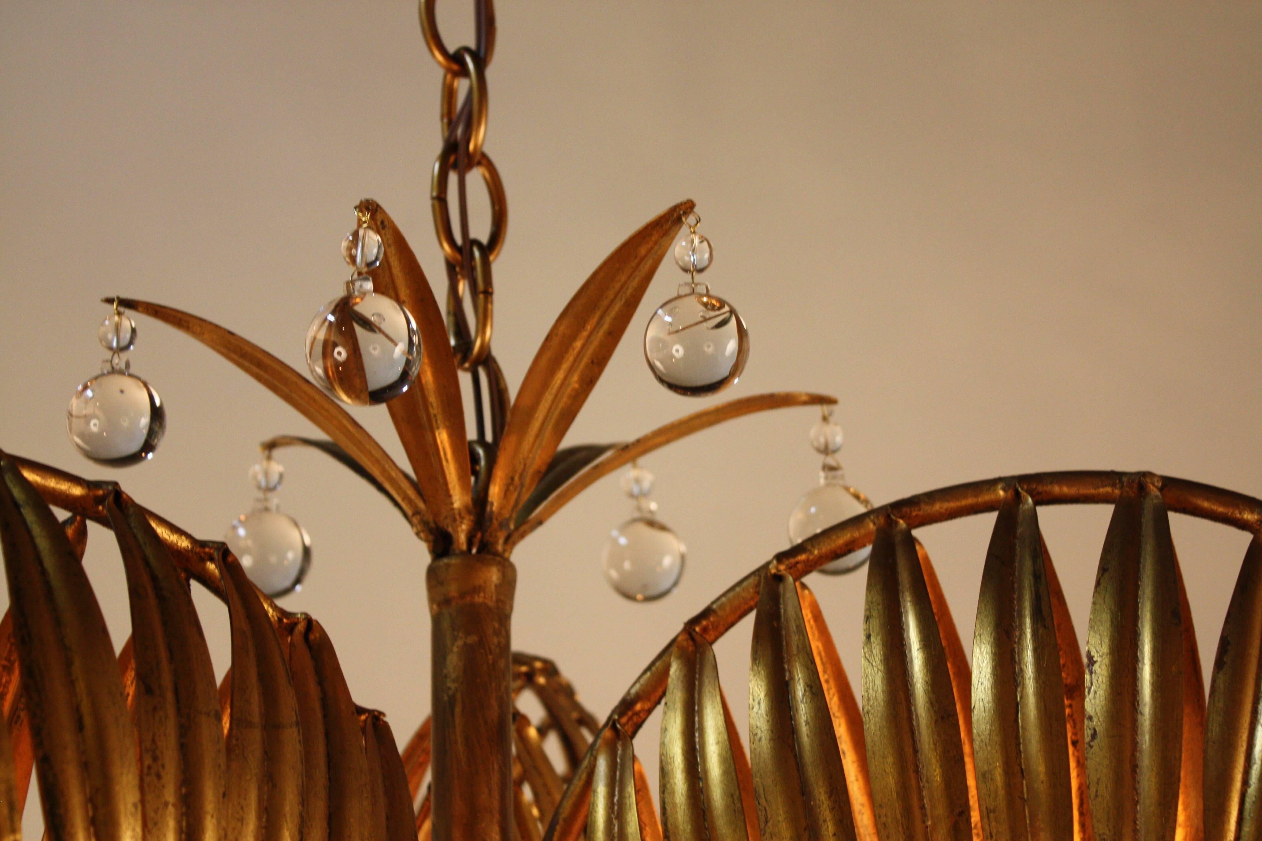 Handcrafted Gold Leaf on Metal Palm Tree Crystal Chandelier In Good Condition In Fairfax, VA