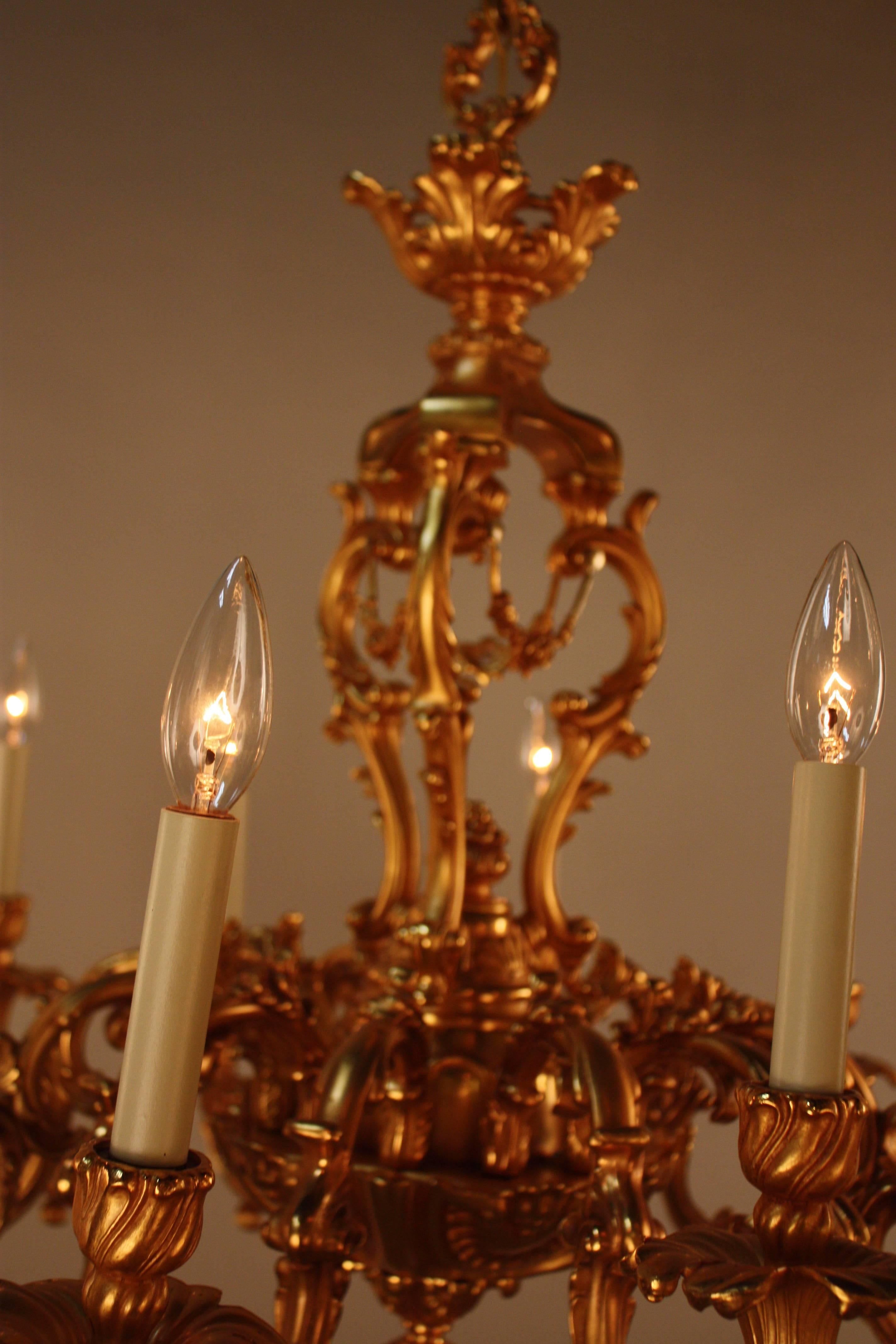 Pair of Louis XV Style French Doré Bronze Chandeliers 1