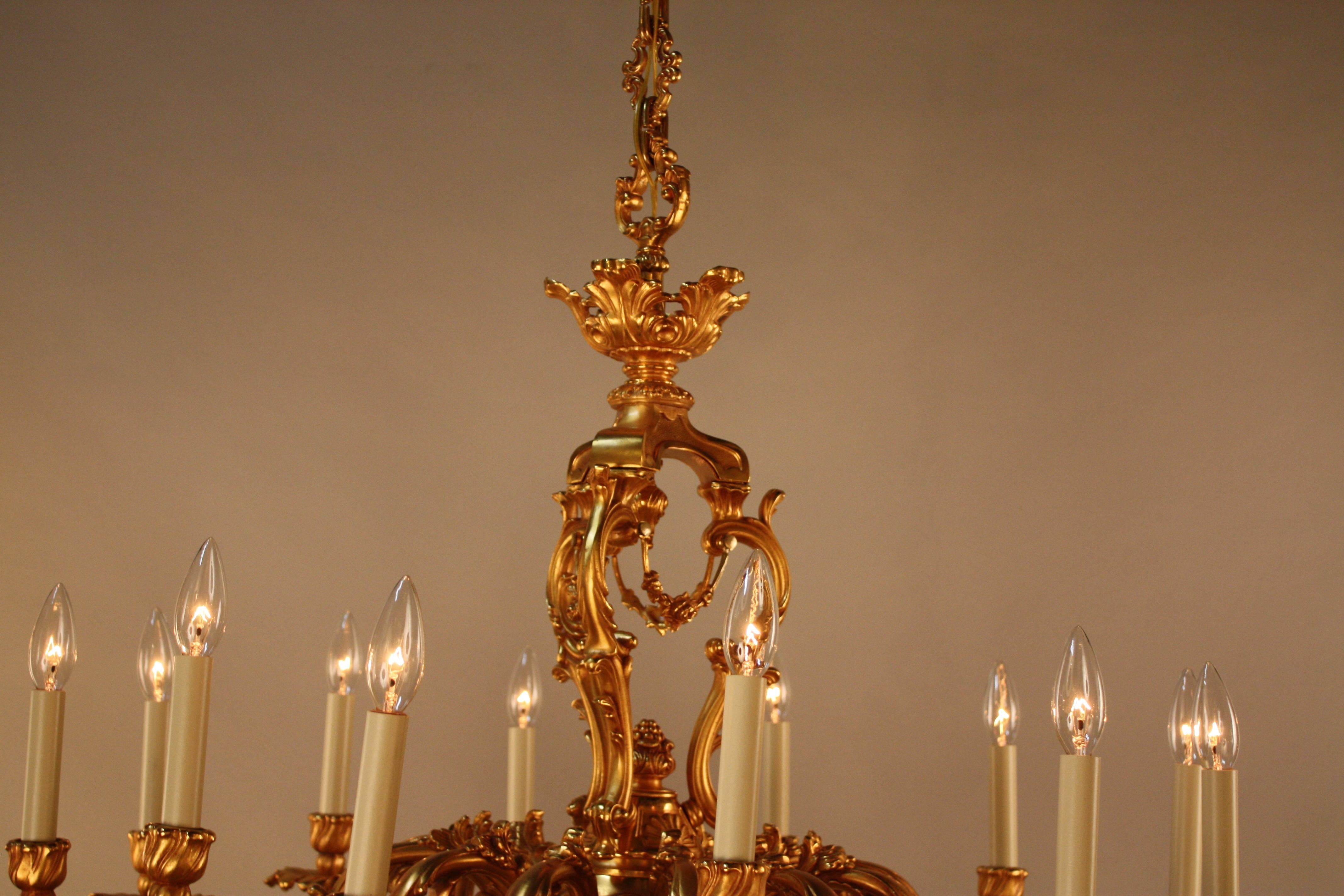 Gilt Pair of Louis XV Style French Doré Bronze Chandeliers