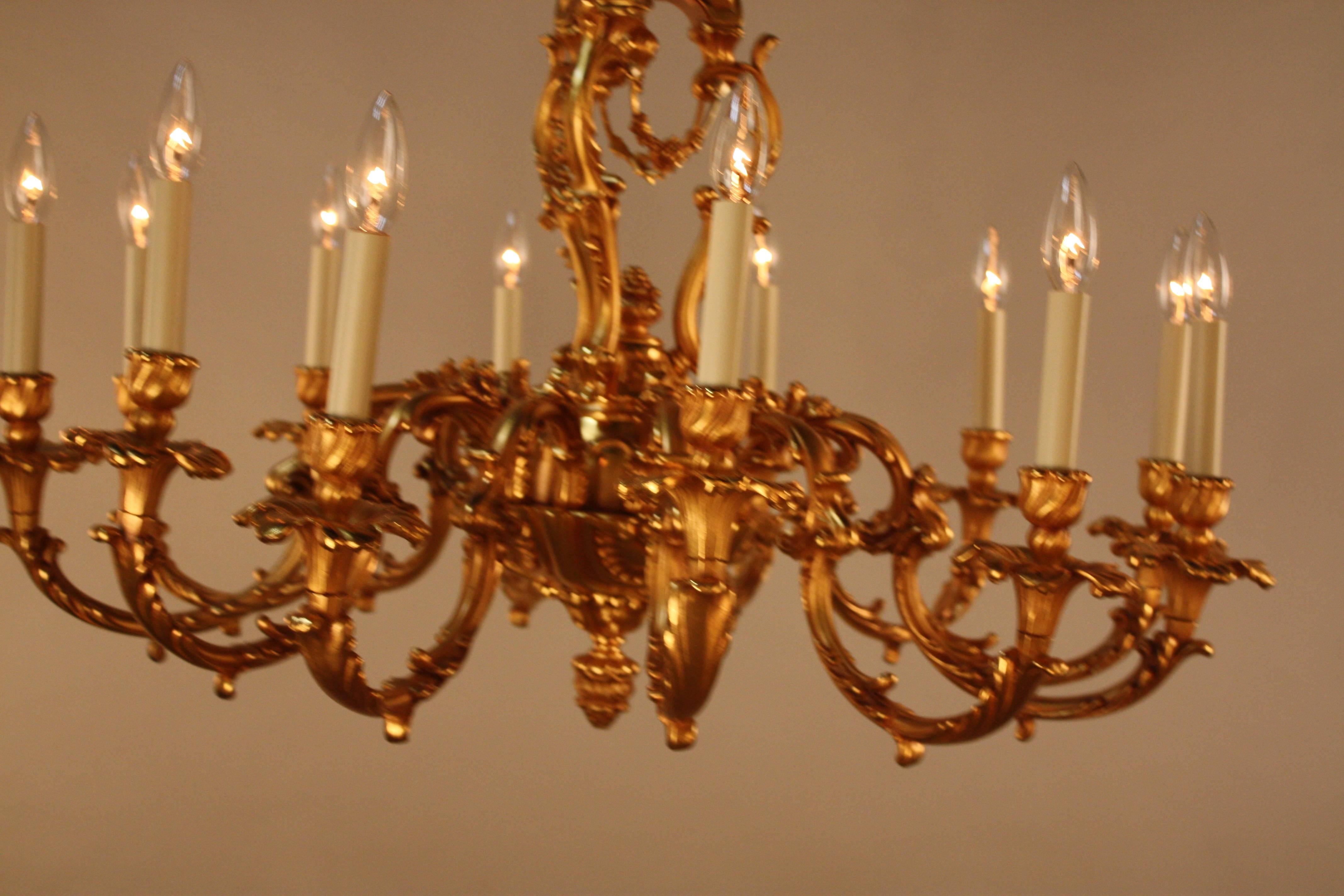 Pair of Louis XV Style French Doré Bronze Chandeliers In Good Condition In Fairfax, VA