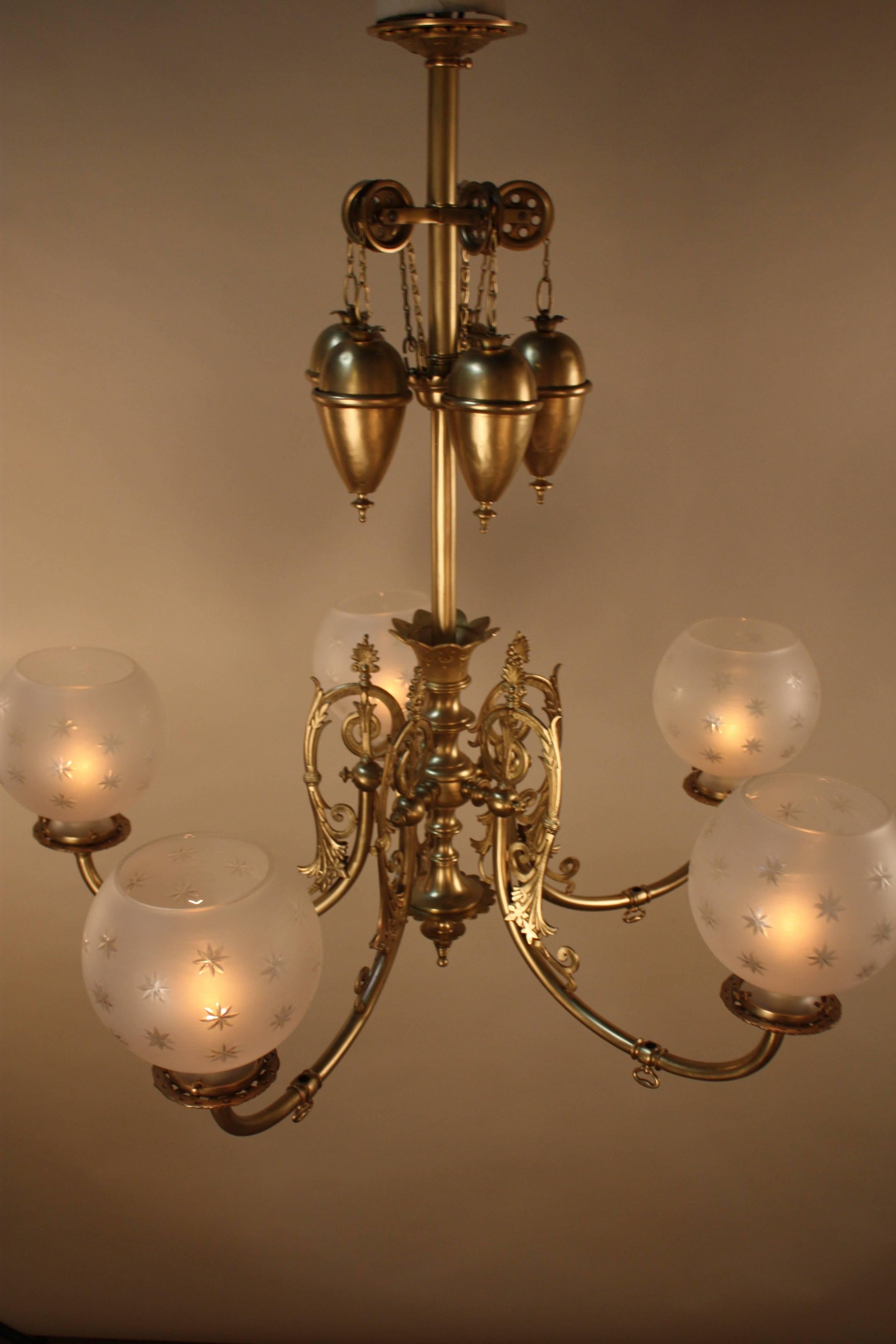 19th Century American Brass Gas Chandelier 6