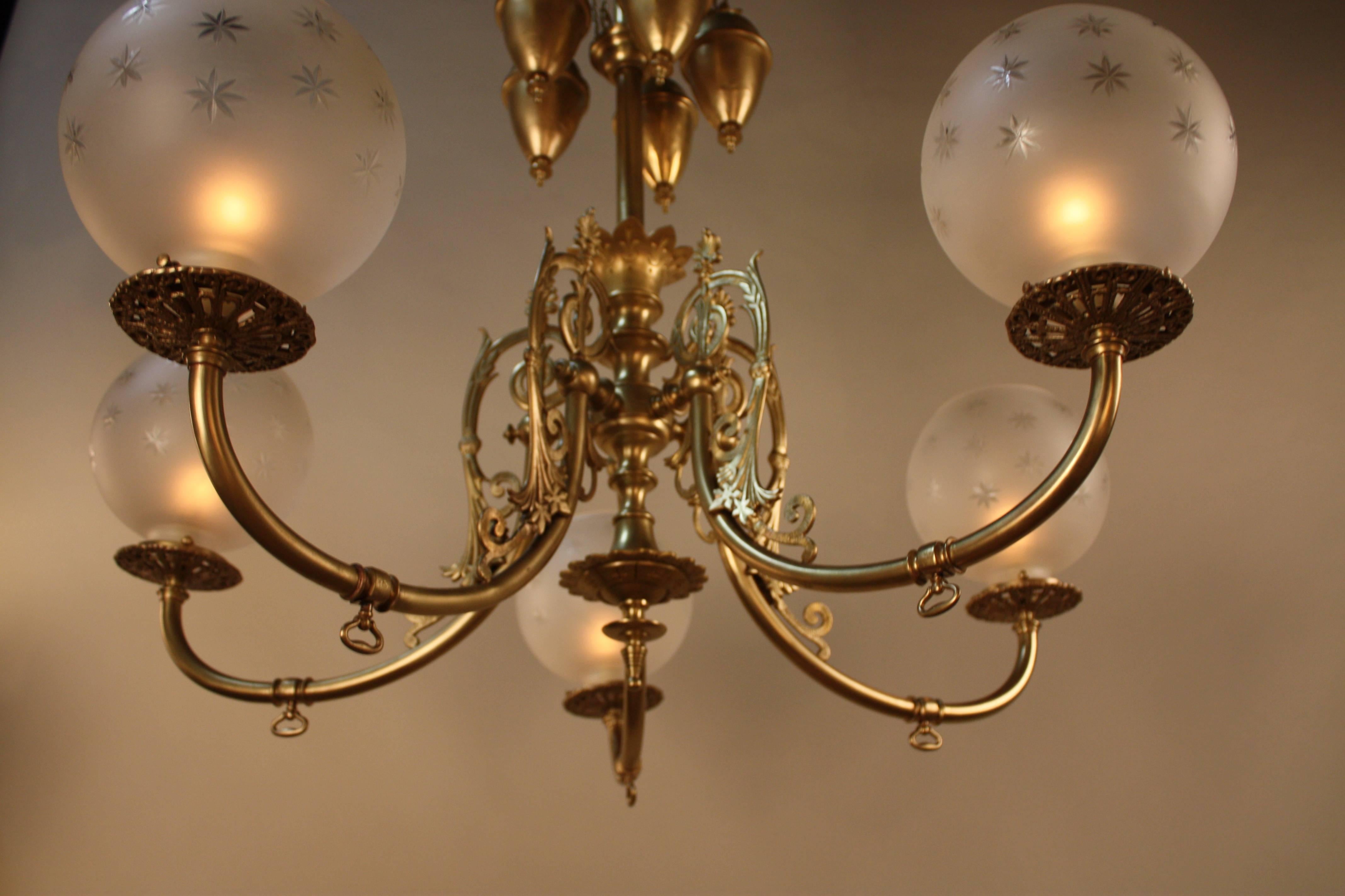 19th Century American Brass Gas Chandelier 2