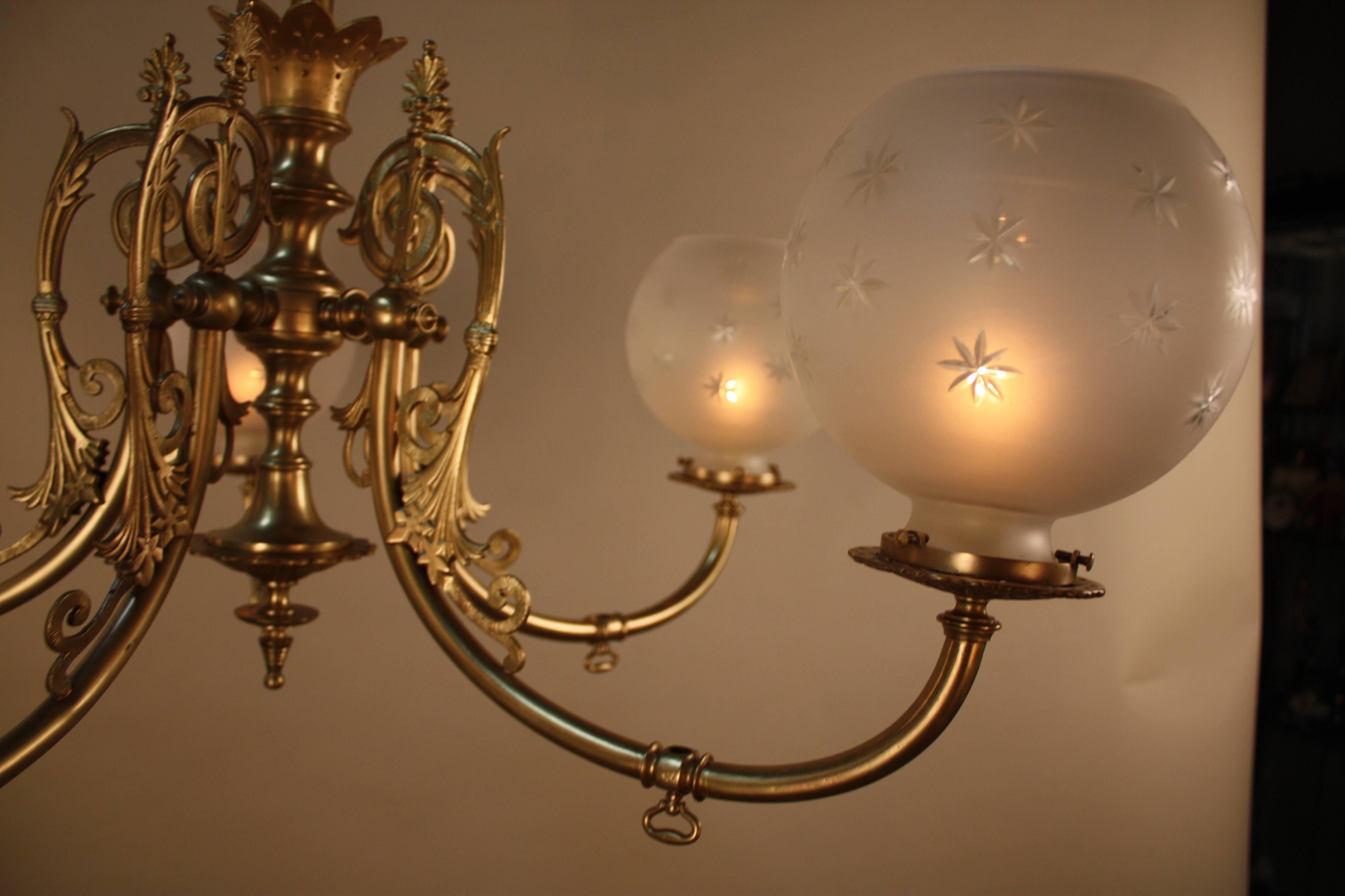 19th Century American Brass Gas Chandelier 3