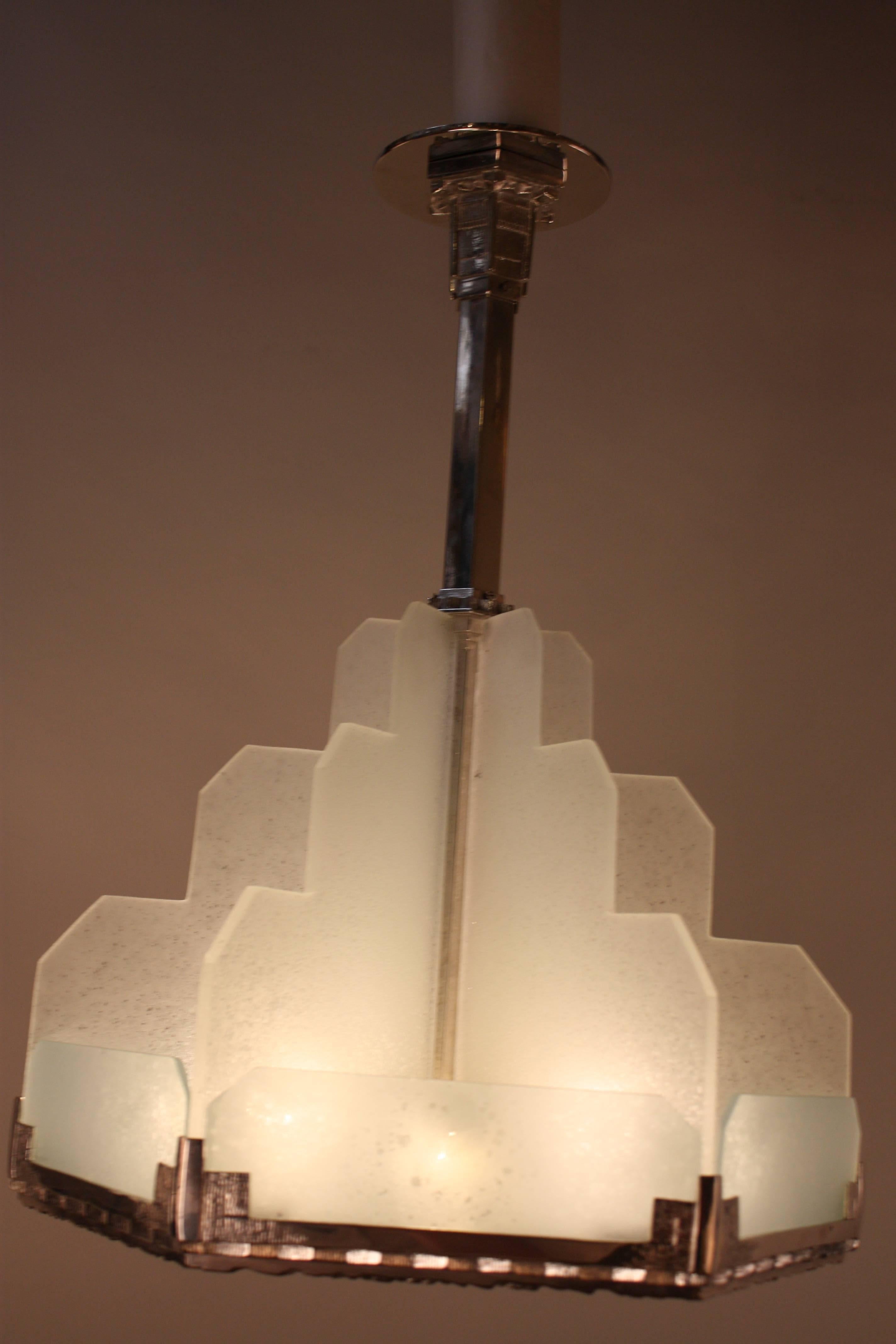 French Art Deco Acid Textured Glass and Nickel Chandelier In Good Condition In Fairfax, VA