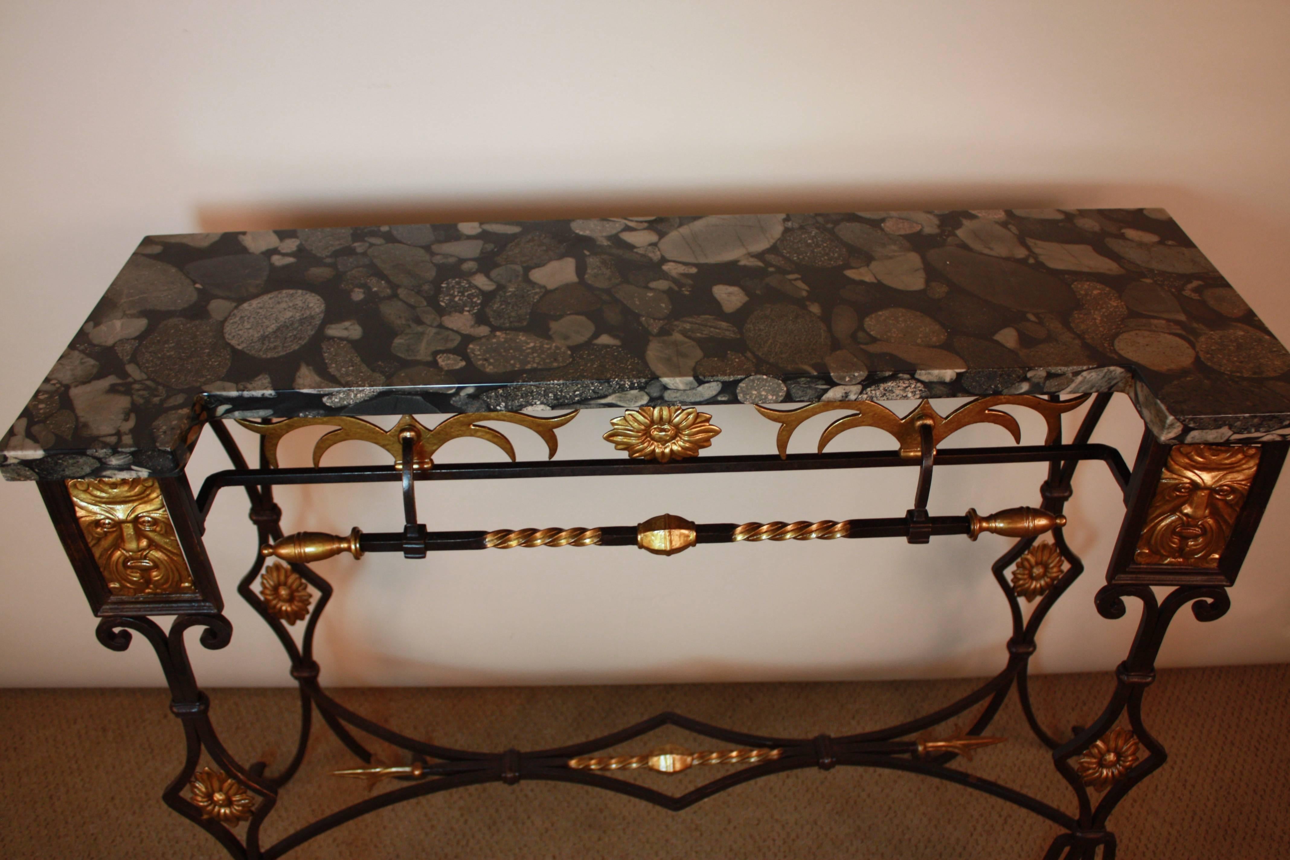 French Marble-Top Bronze and Iron Console 1