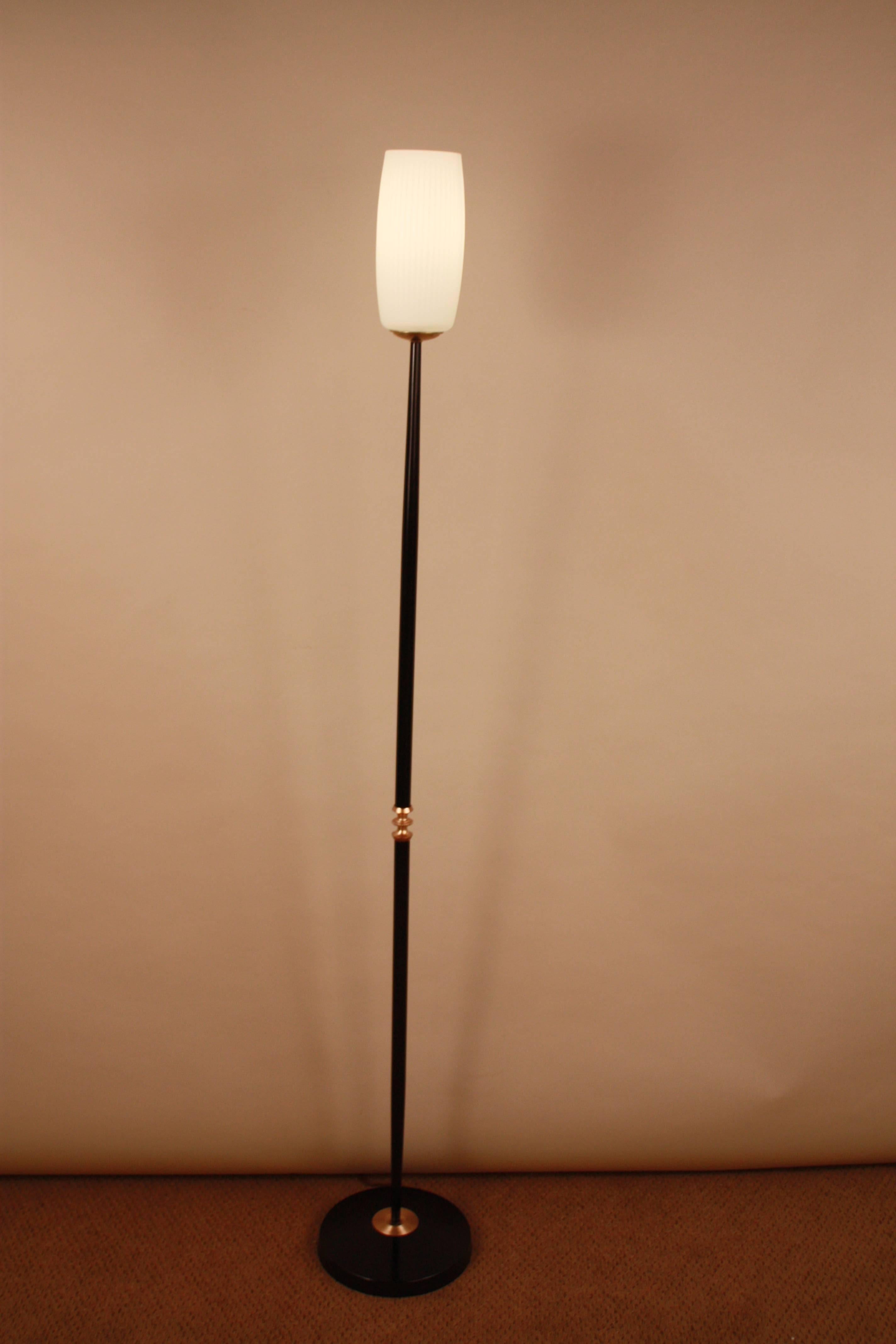 Simple but elegant single light lacquered and bronze floor lamp with textured glass shade.