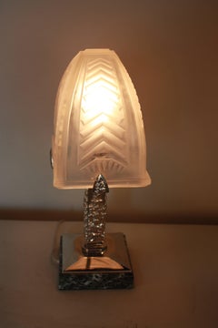 French Art Deco Glass with Nickel Base Table Lamp