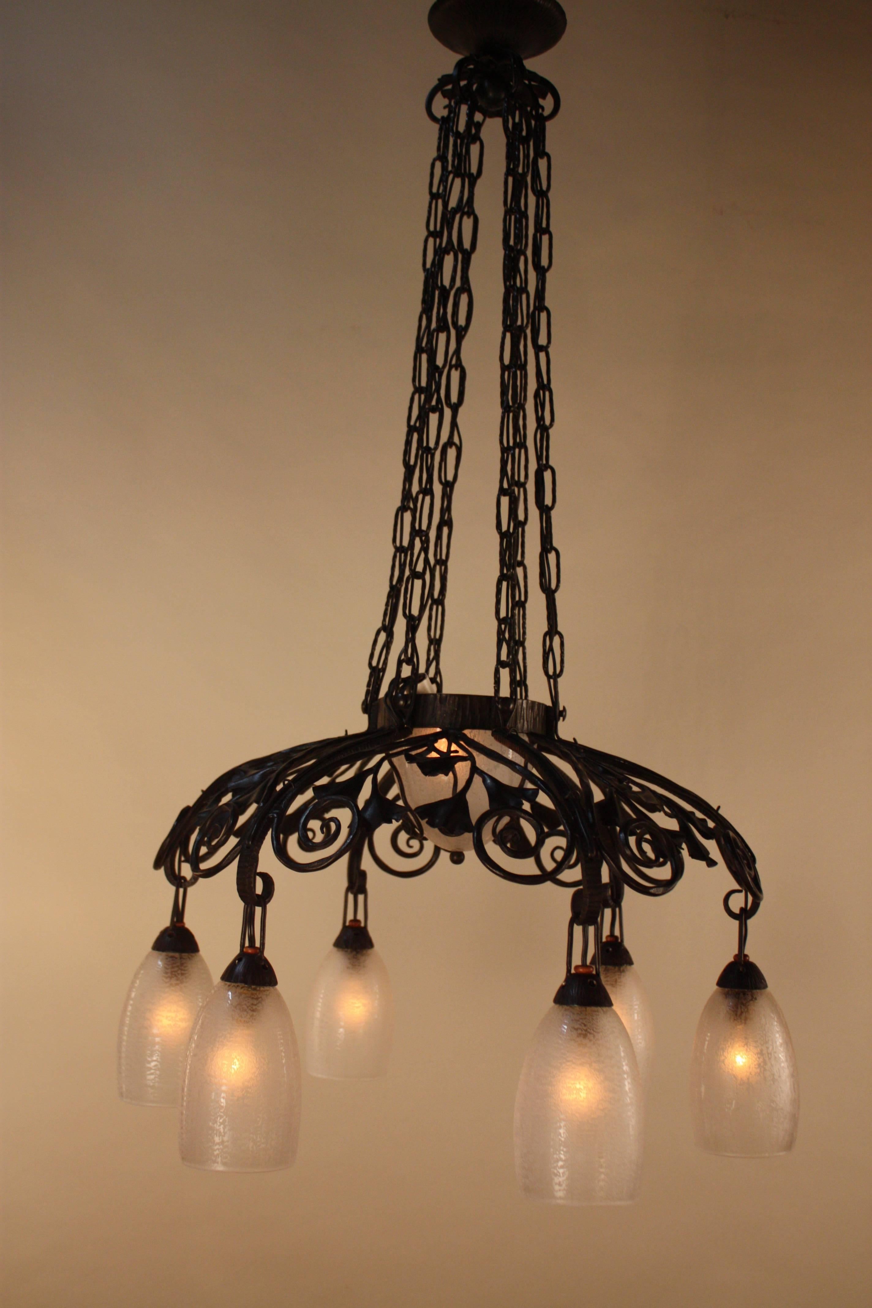 Daum Freres Glass and Iron Chandelier in Style of Edgar Brandt In Good Condition In Fairfax, VA