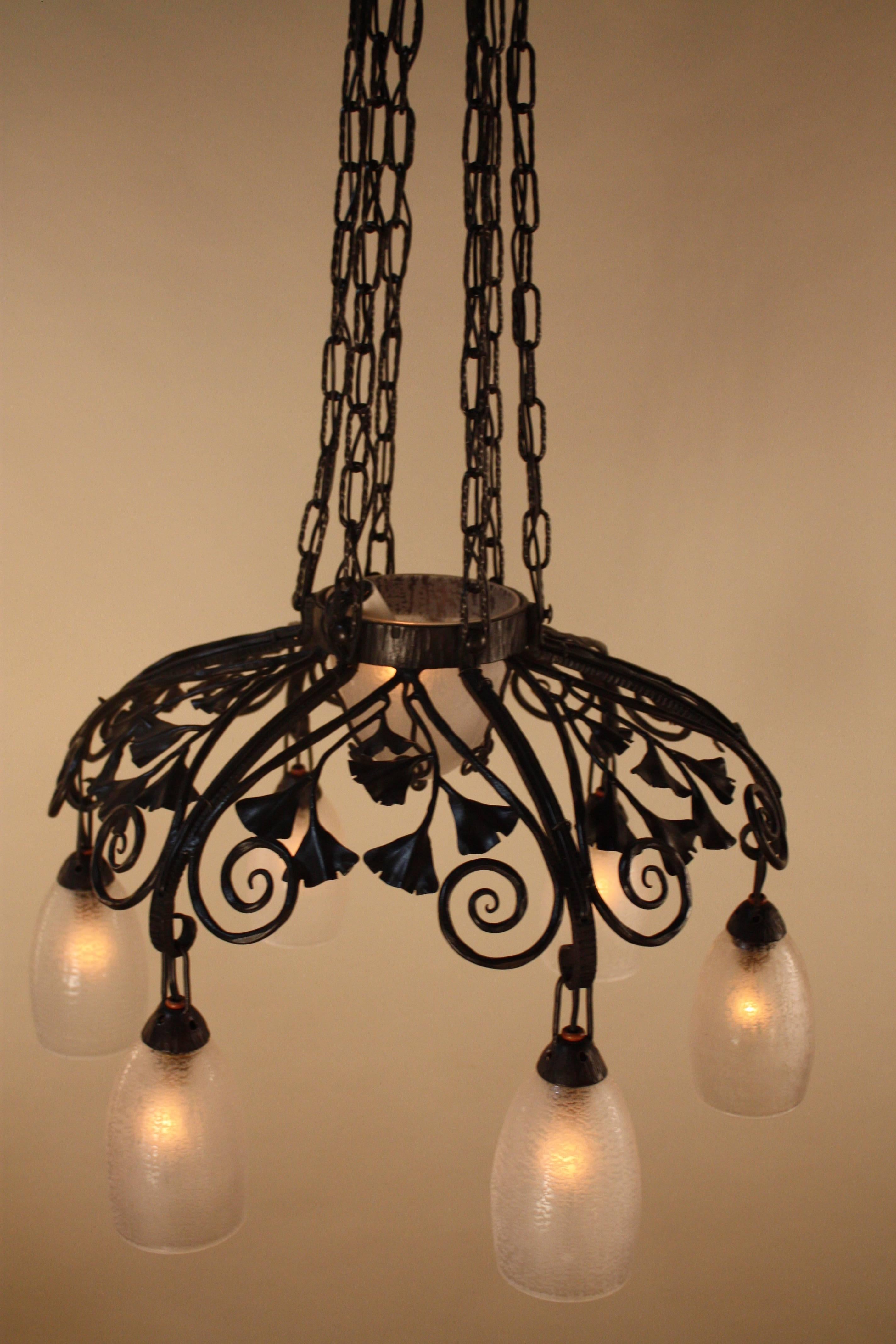 Art Glass Daum Freres Glass and Iron Chandelier in Style of Edgar Brandt
