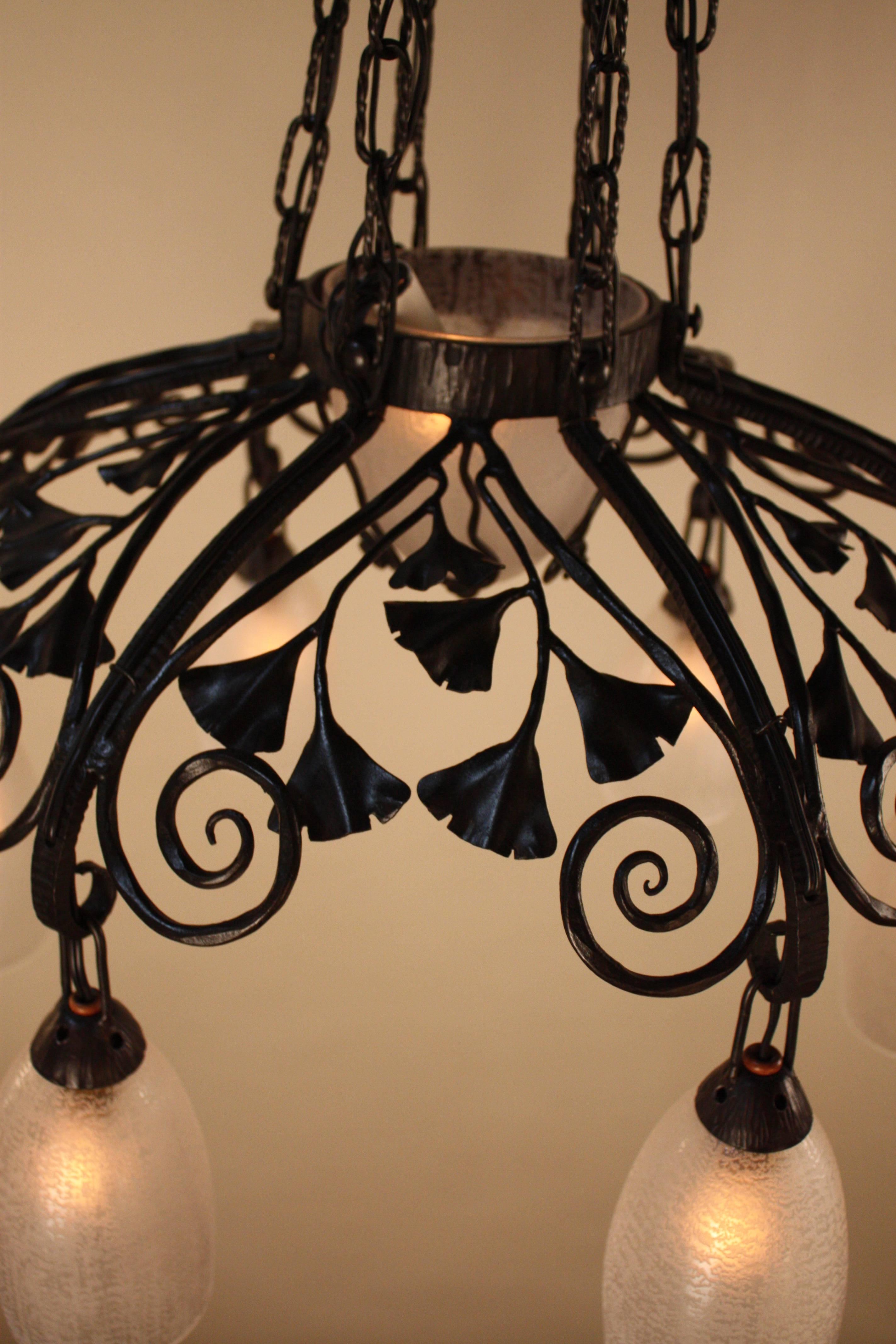 Daum Freres Glass and Iron Chandelier in Style of Edgar Brandt 1