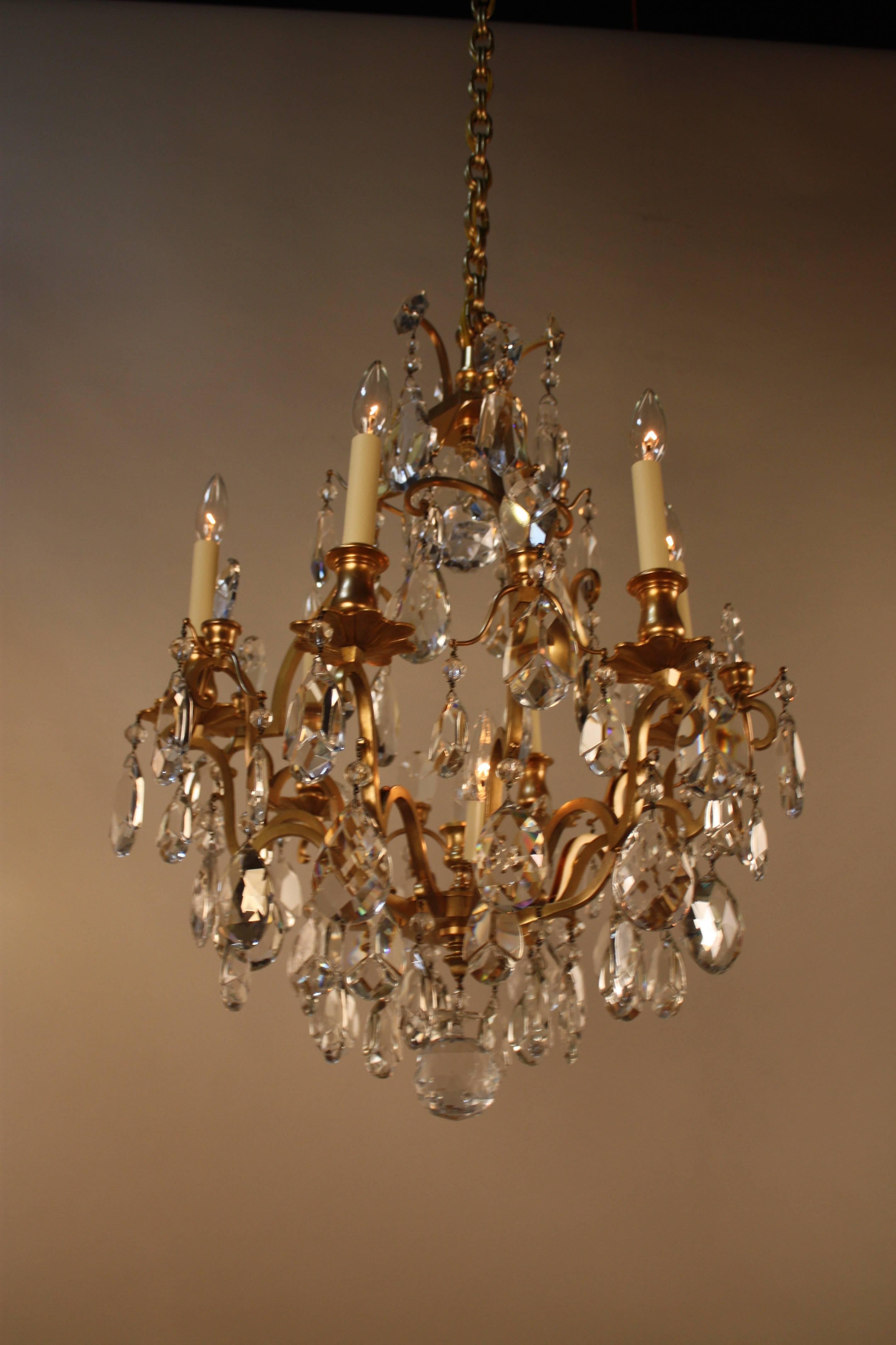 Mid-20th Century French 1930s Crystal and Bronze Chandelier