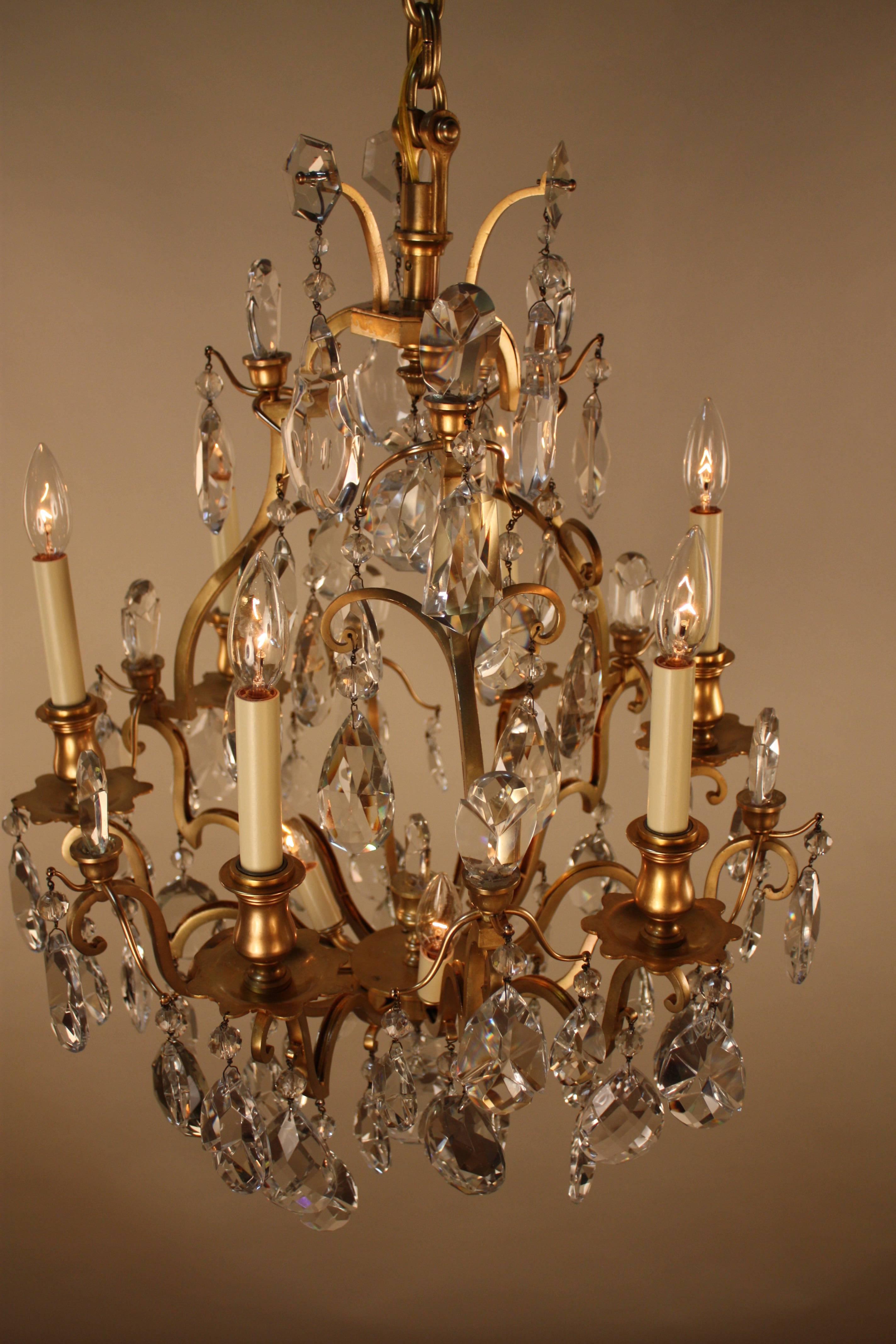 French 1930s Crystal and Bronze Chandelier 4