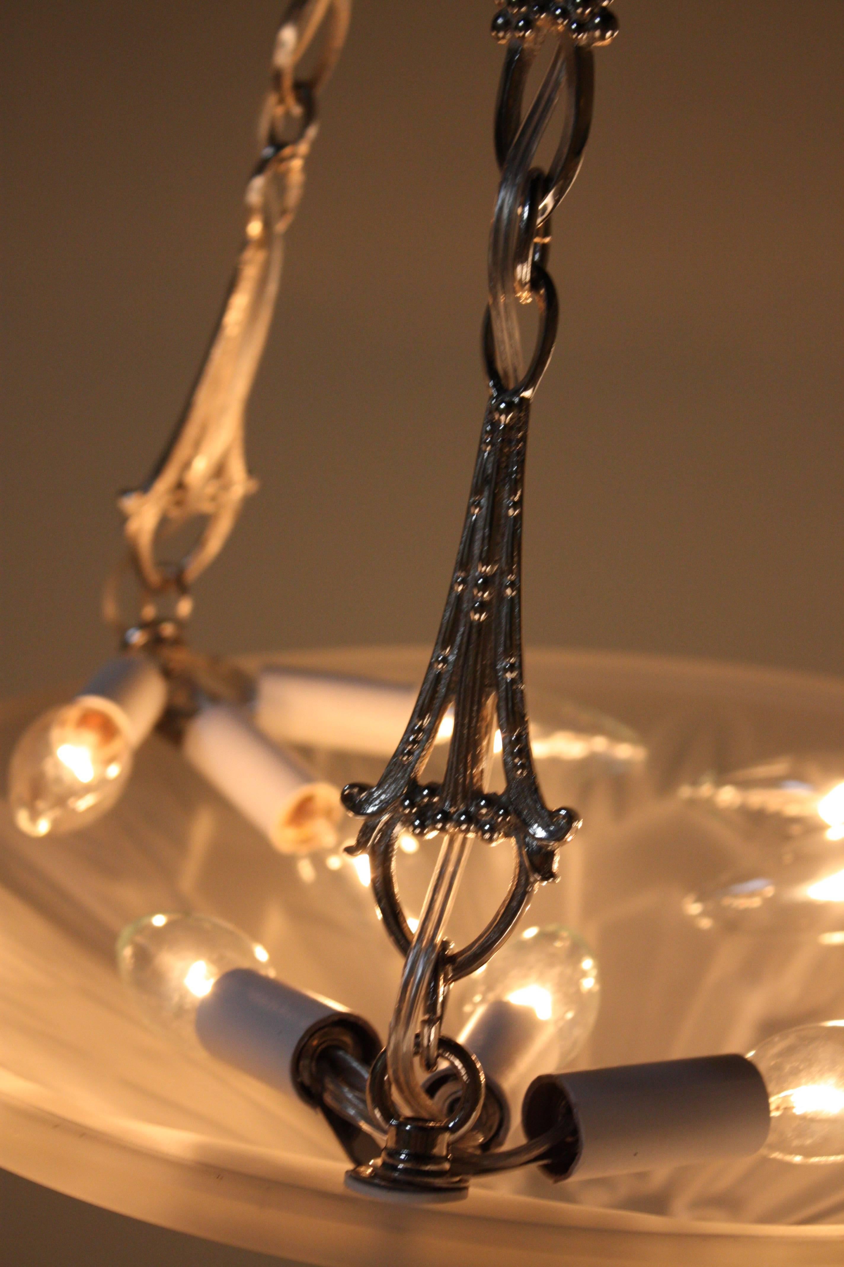 French 1930s Art Deco Glass and Nickel Chandelier 5