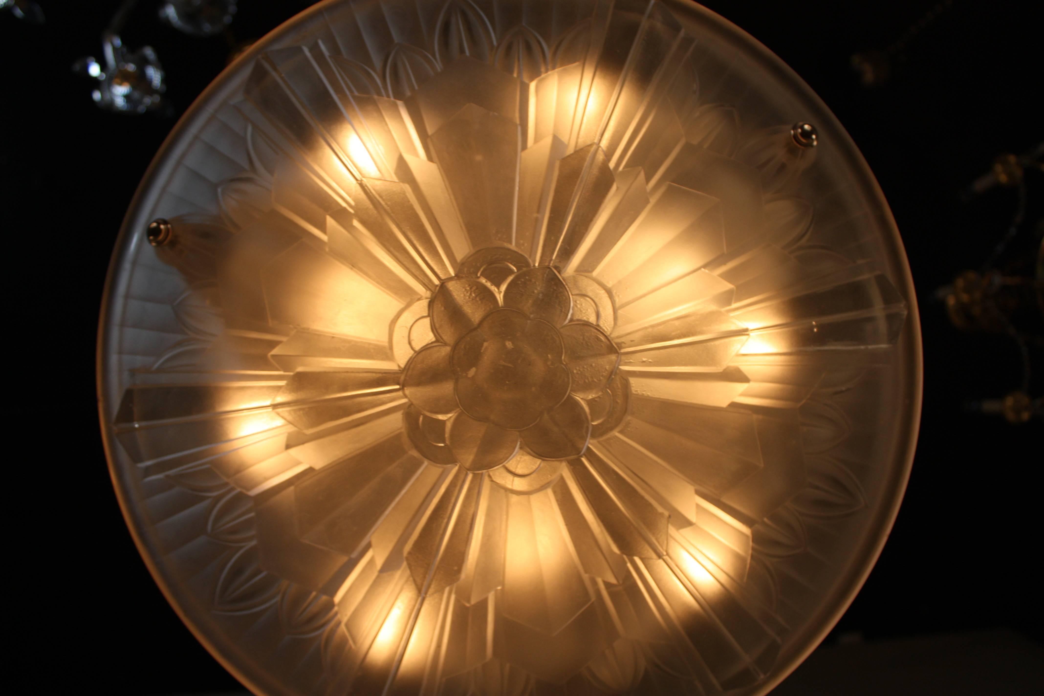 French 1930s Art Deco Glass and Nickel Chandelier In Good Condition In Fairfax, VA