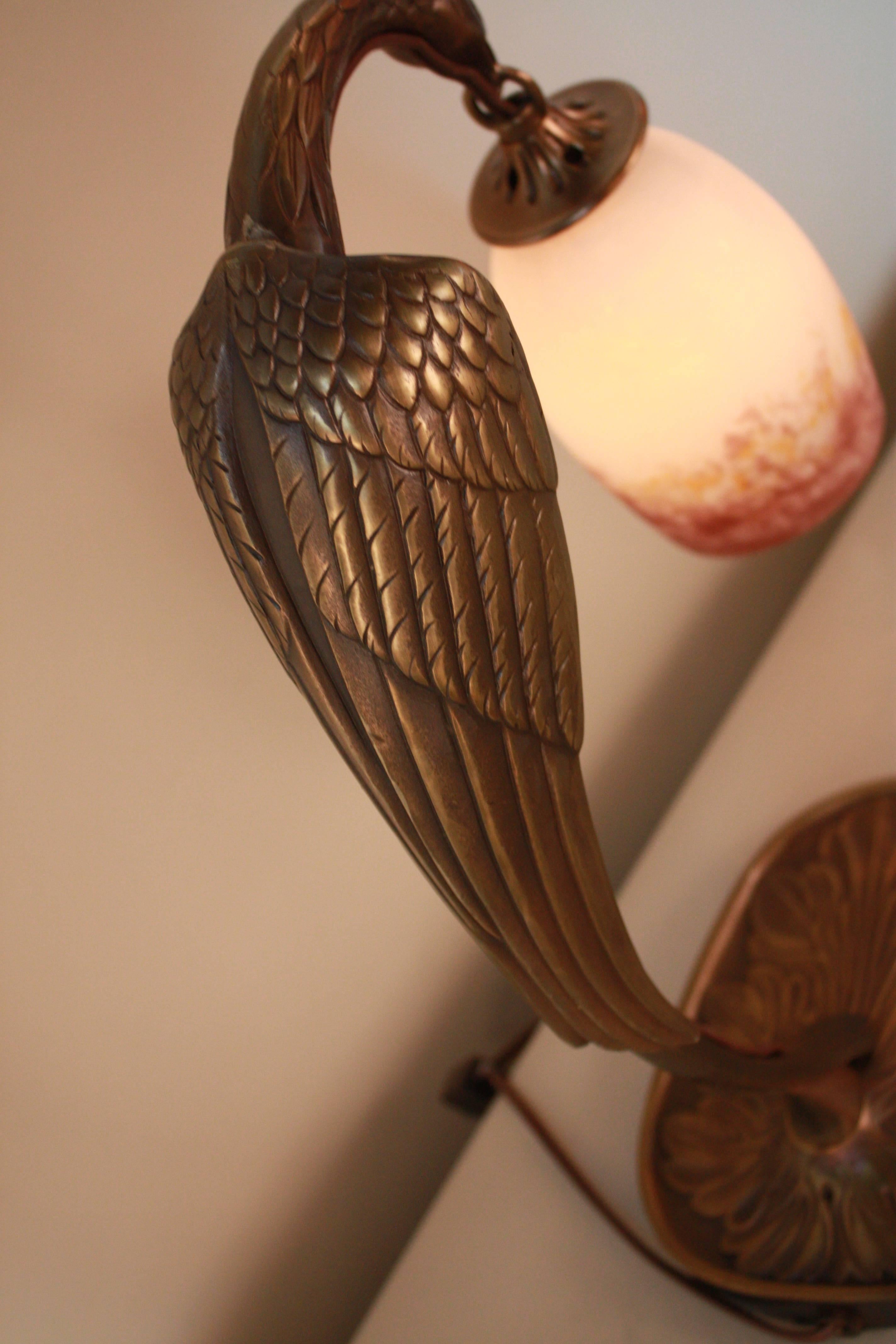 Art Deco Phoenix Bronze Table Lamps with Art Glass Shade In Good Condition In Fairfax, VA