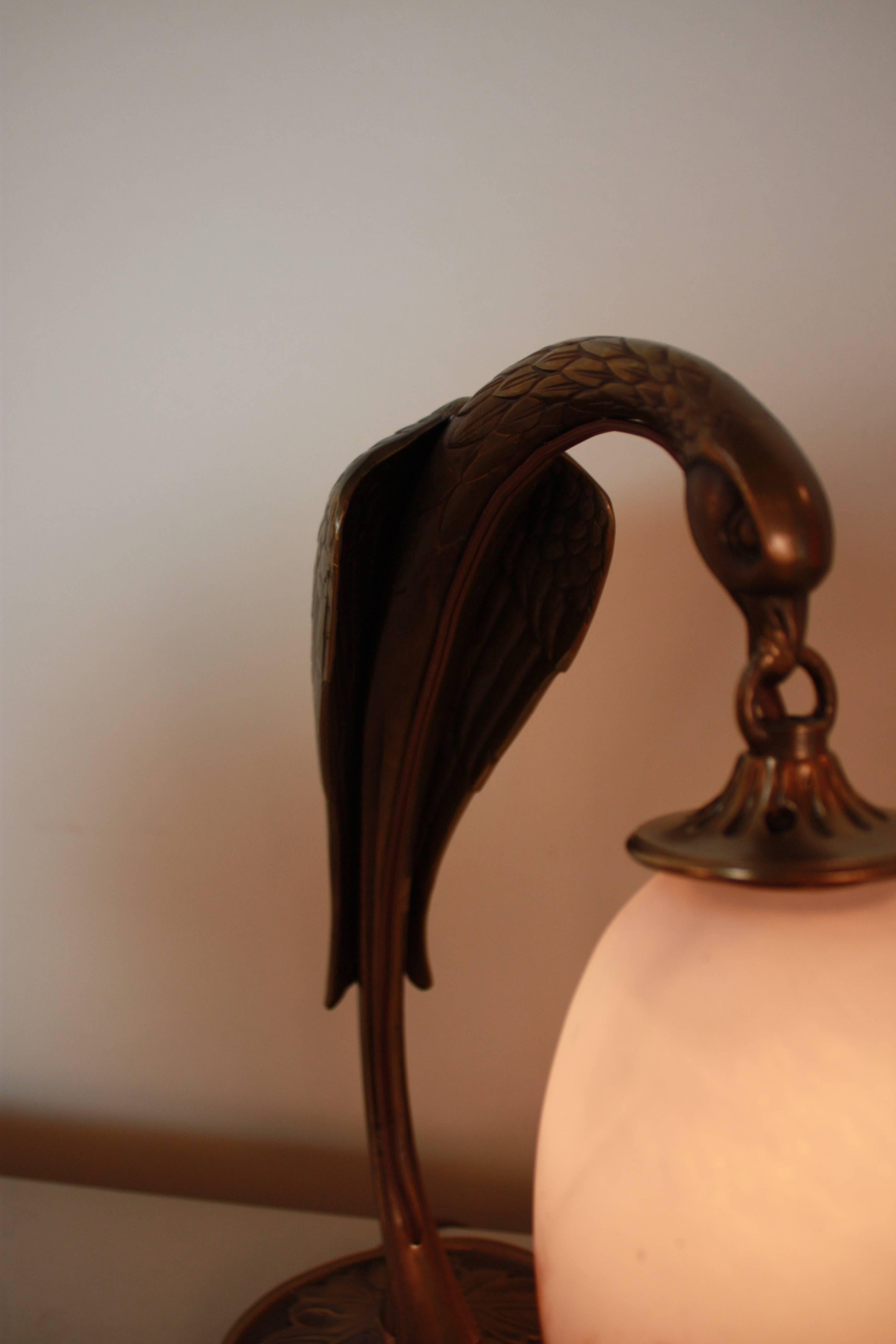 Art Deco Phoenix Bronze Table Lamps with Art Glass Shade 1