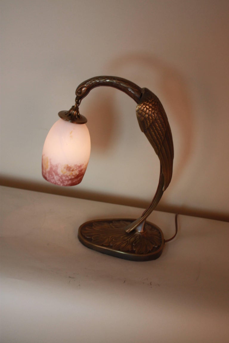 Art Deco Phoenix Bronze Table Lamps with Art Glass Shade at 1stDibs