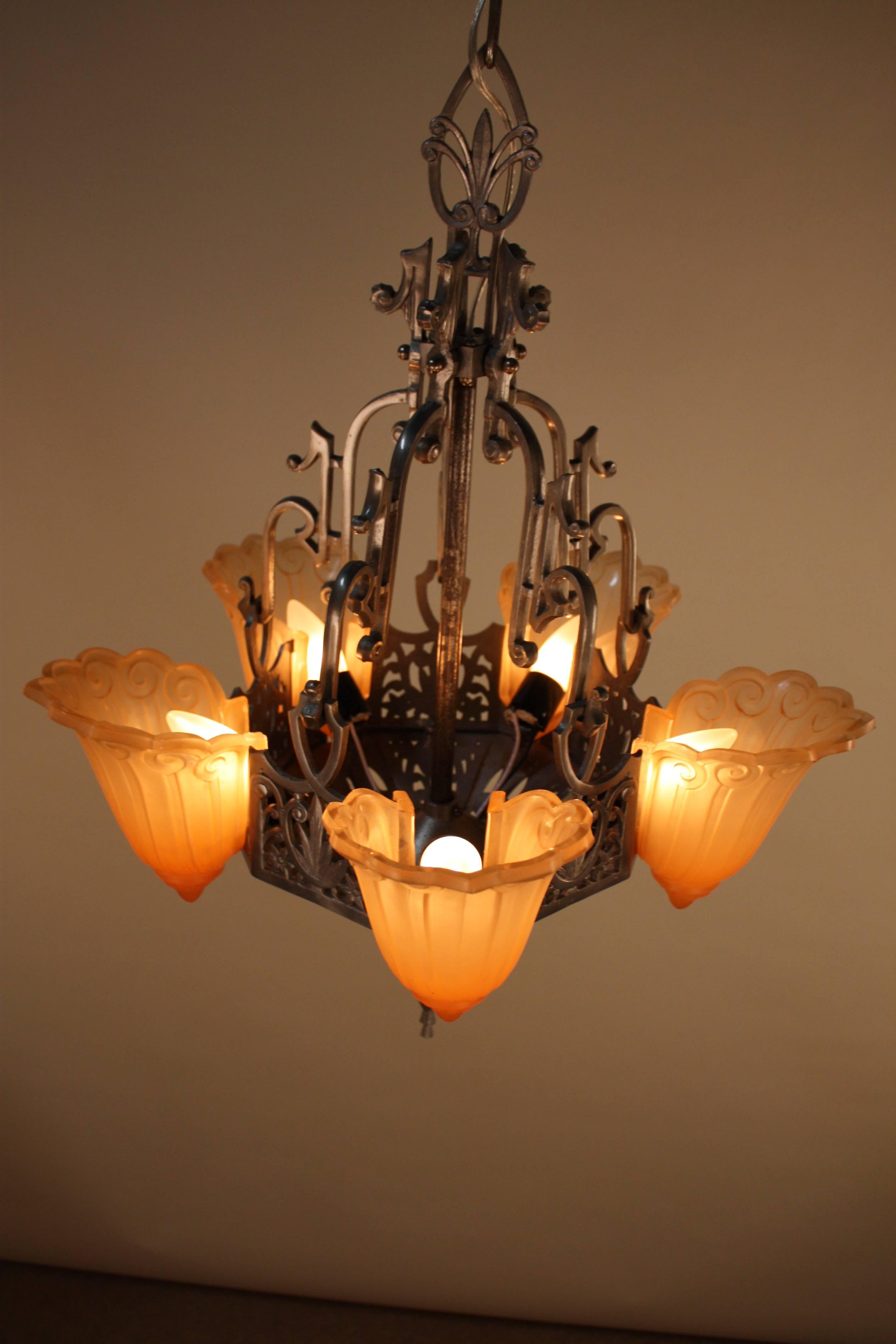 American Art Deco Five-Light Slip Shade Chandelier by Lincoln 3