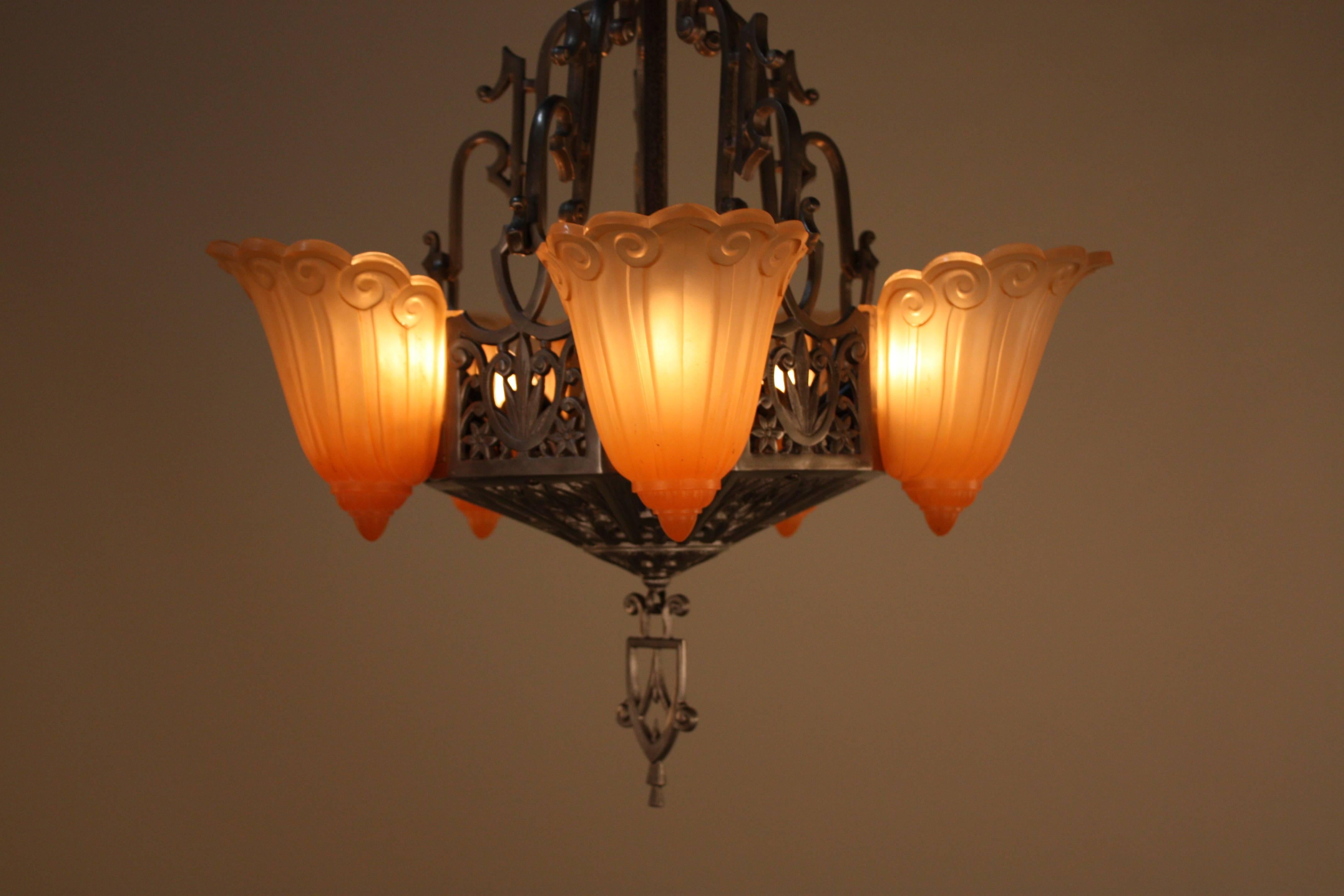 American Art Deco Five-Light Slip Shade Chandelier by Lincoln In Good Condition In Fairfax, VA