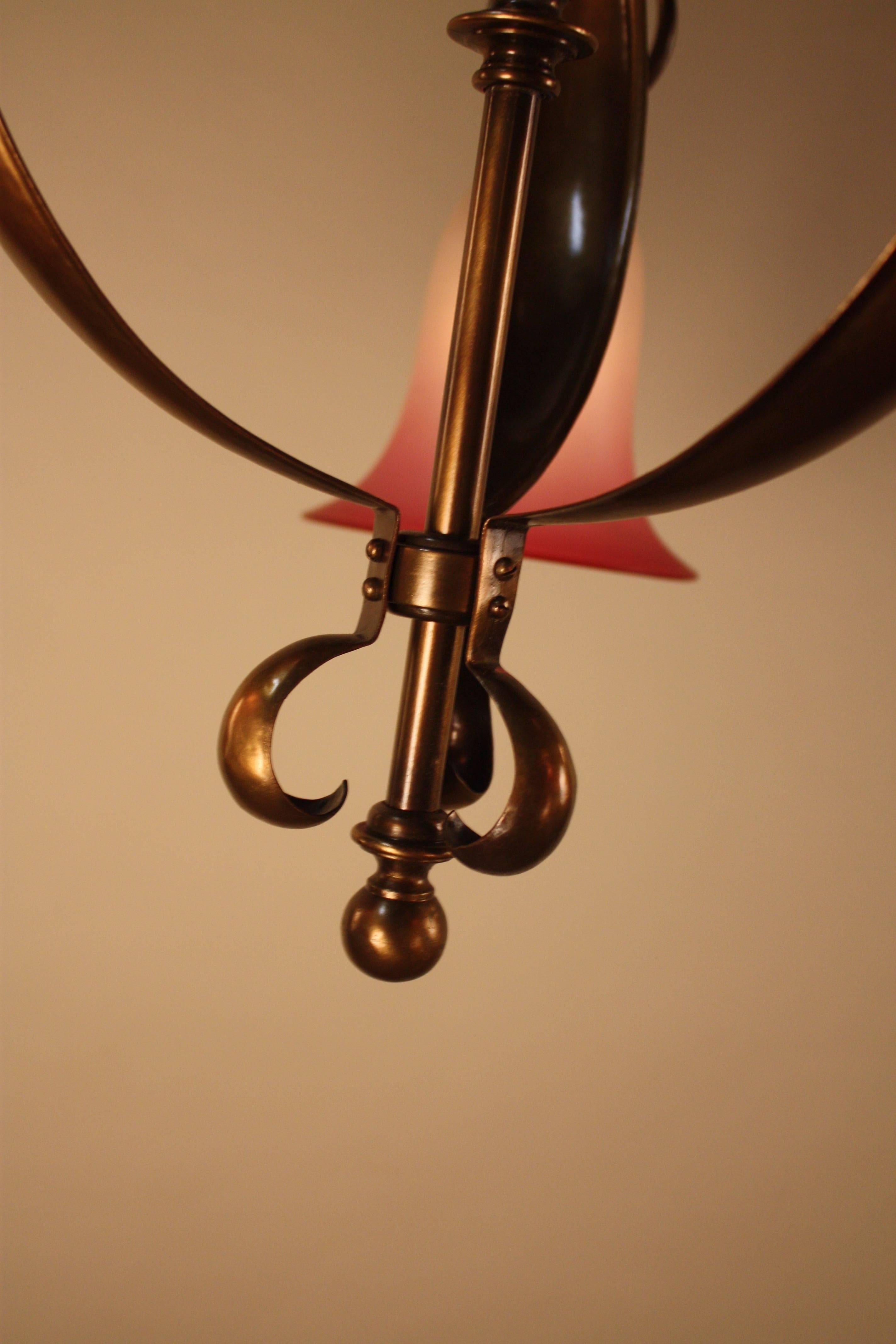 English Art Nouveau Brass with Blown Glass Shades 1