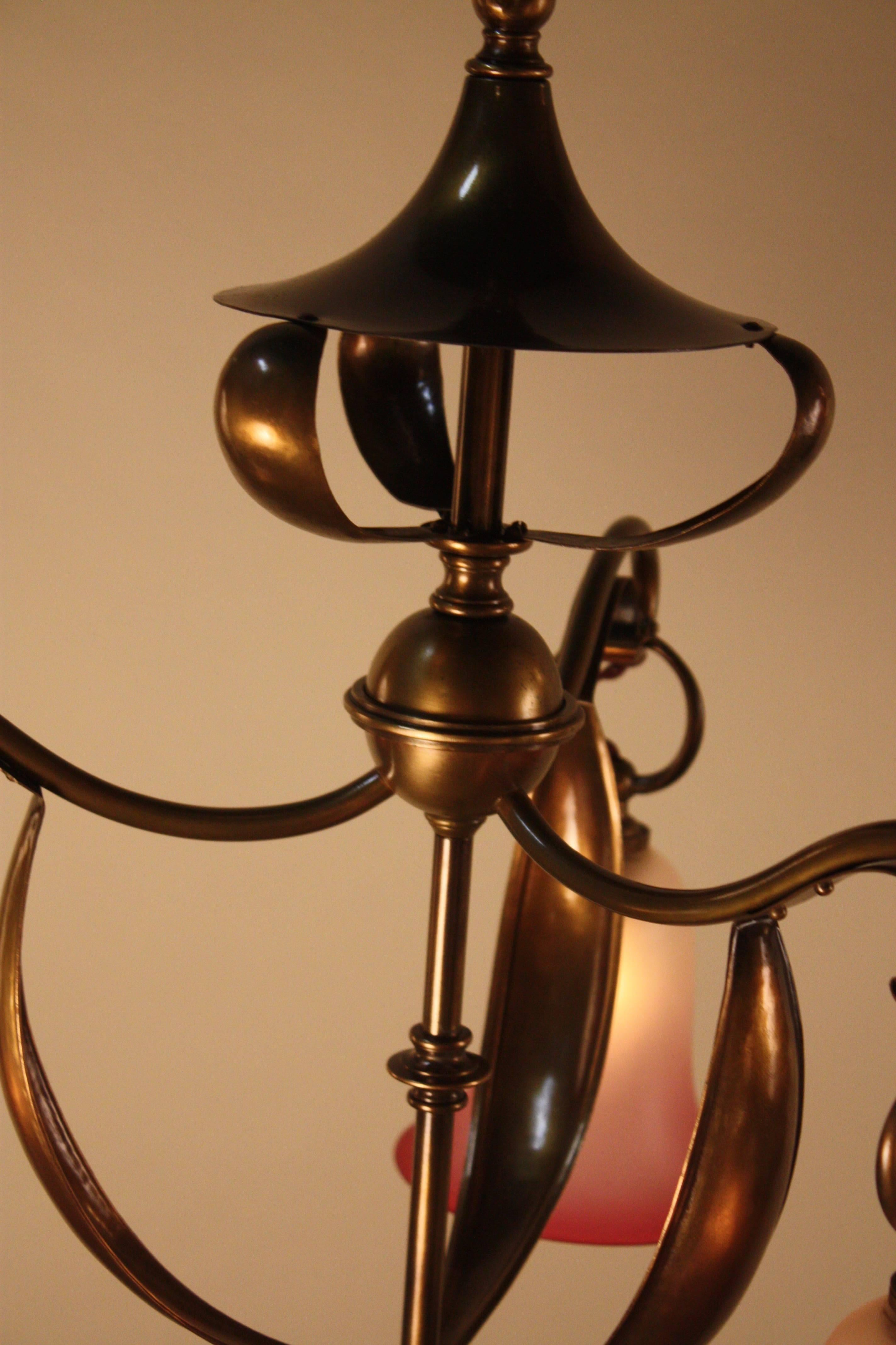 English Art Nouveau Brass with Blown Glass Shades 3