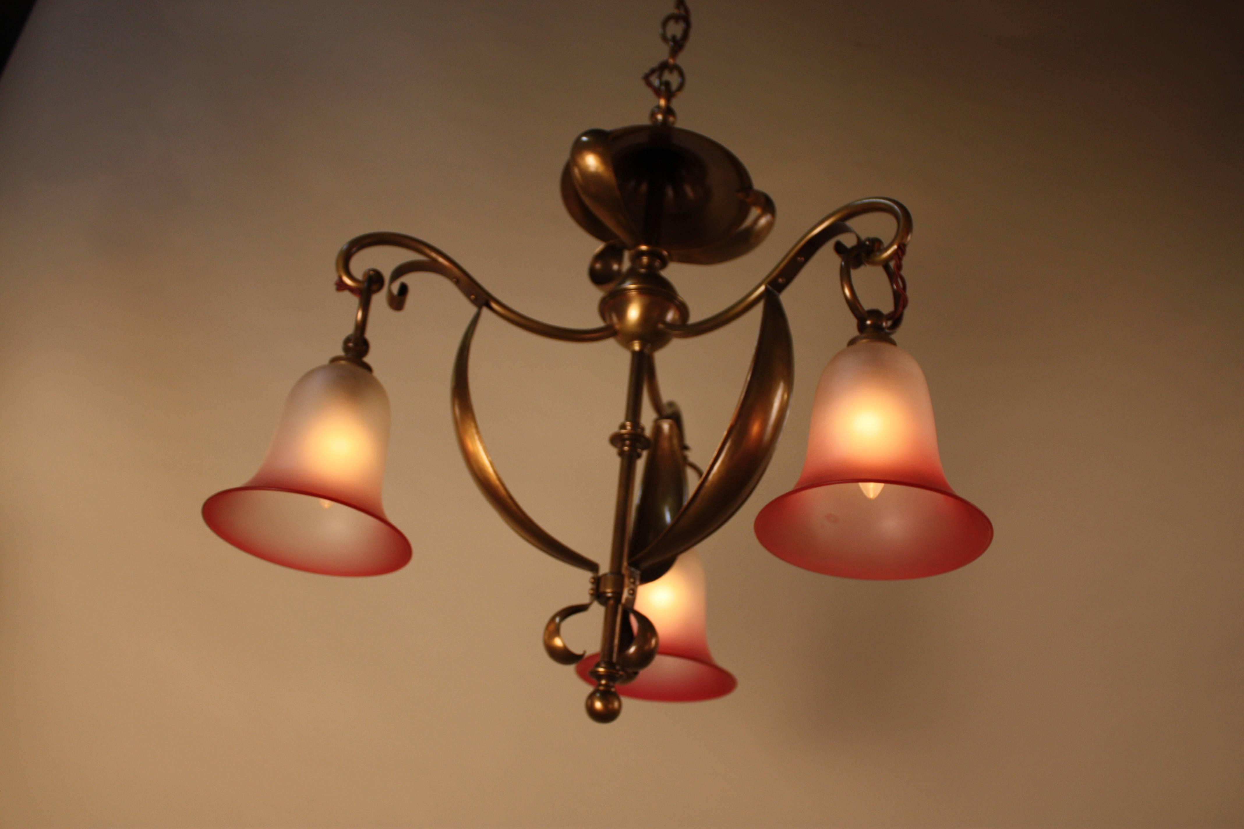 Early 20th Century English Art Nouveau Brass with Blown Glass Shades