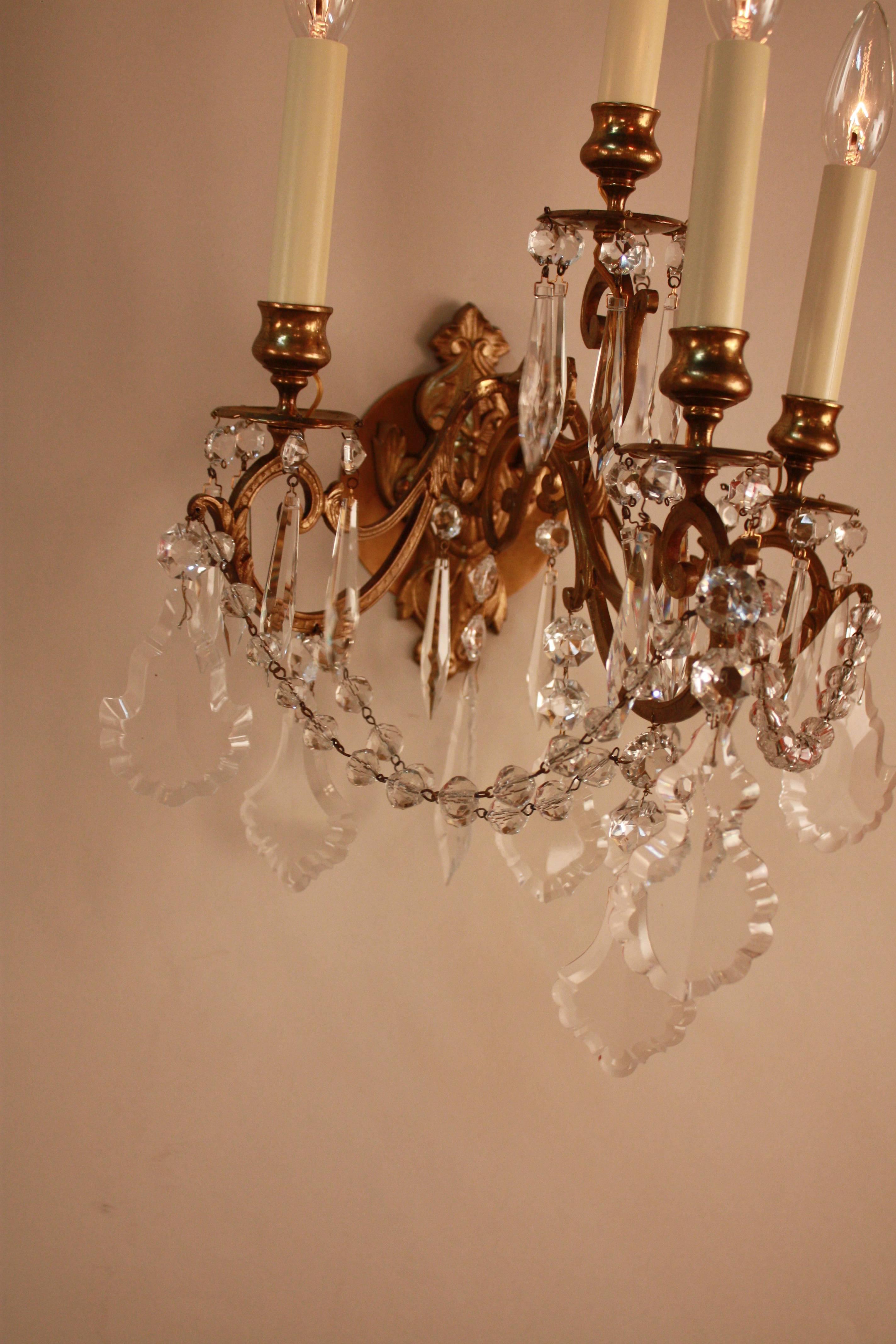 Pair of French 19th Century Crystal Wall Sconces In Good Condition In Fairfax, VA