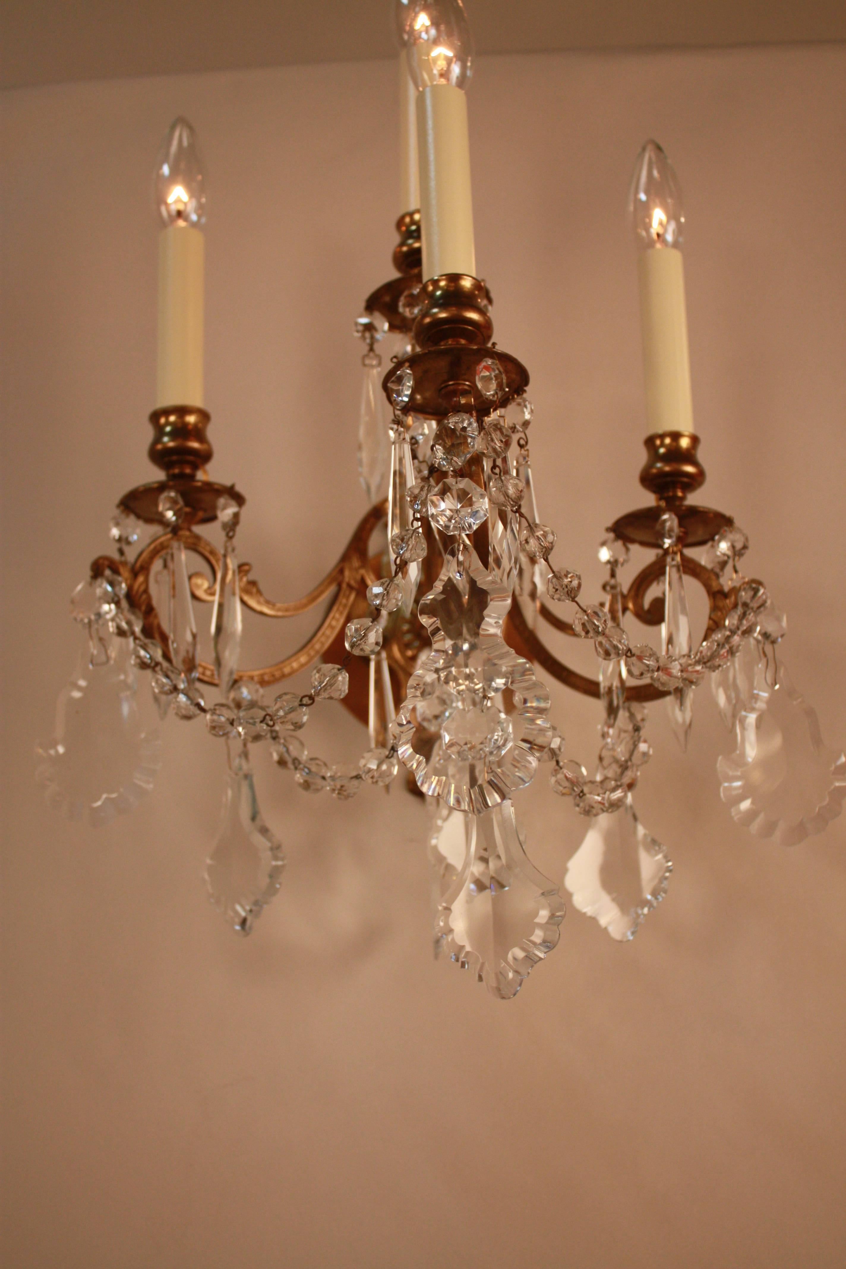 Bronze Pair of French 19th Century Crystal Wall Sconces