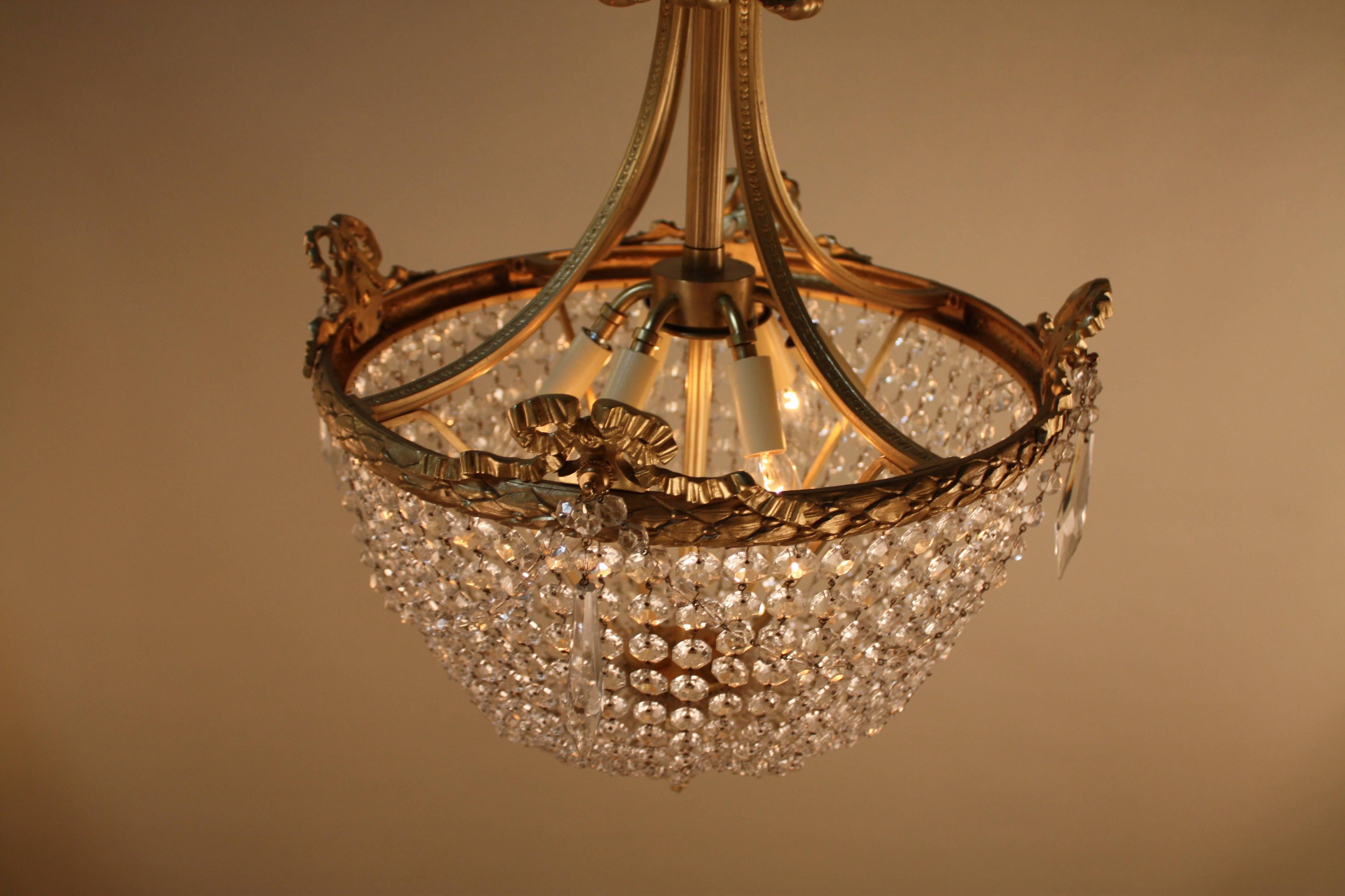 Mid-20th Century Crystal Basket and Bronze Chandelier