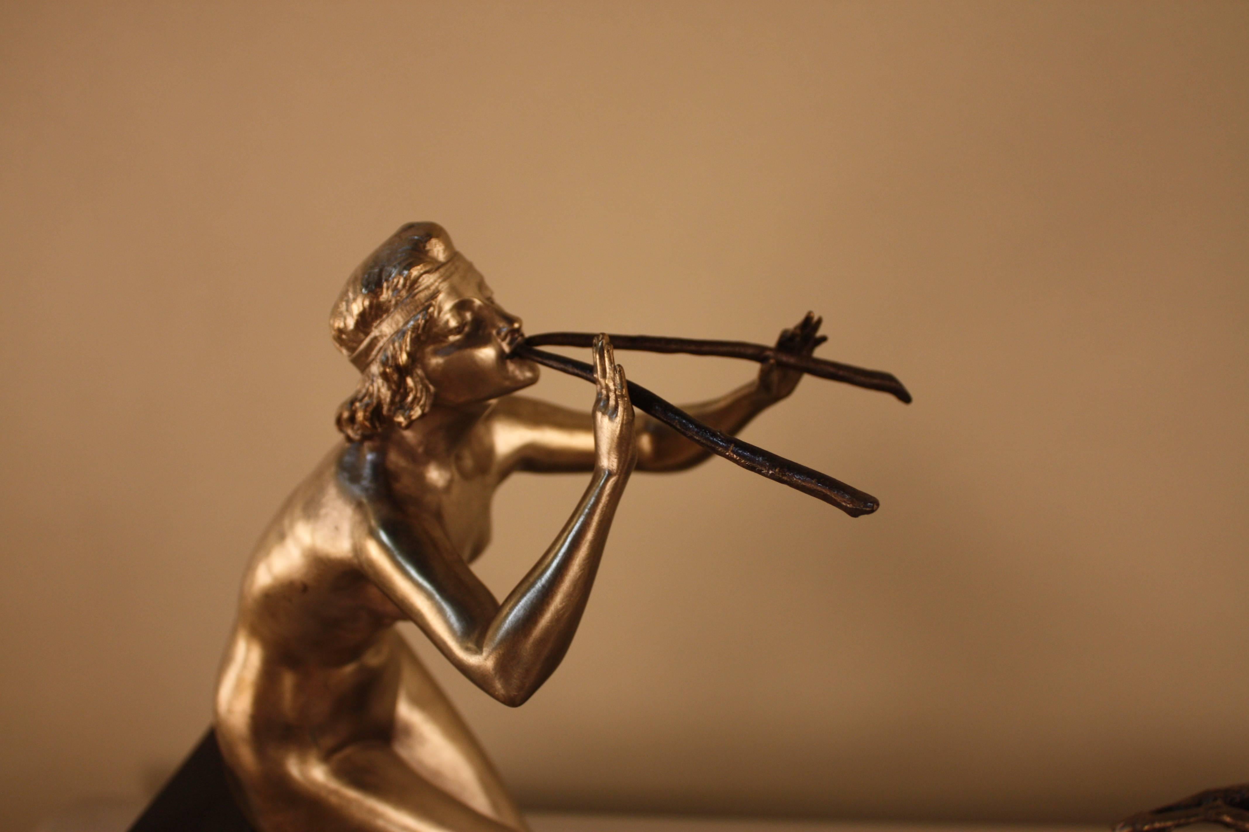 Art Deco Sculpture of Nude Woman and Dancing Goat by Henri Fugère For Sale