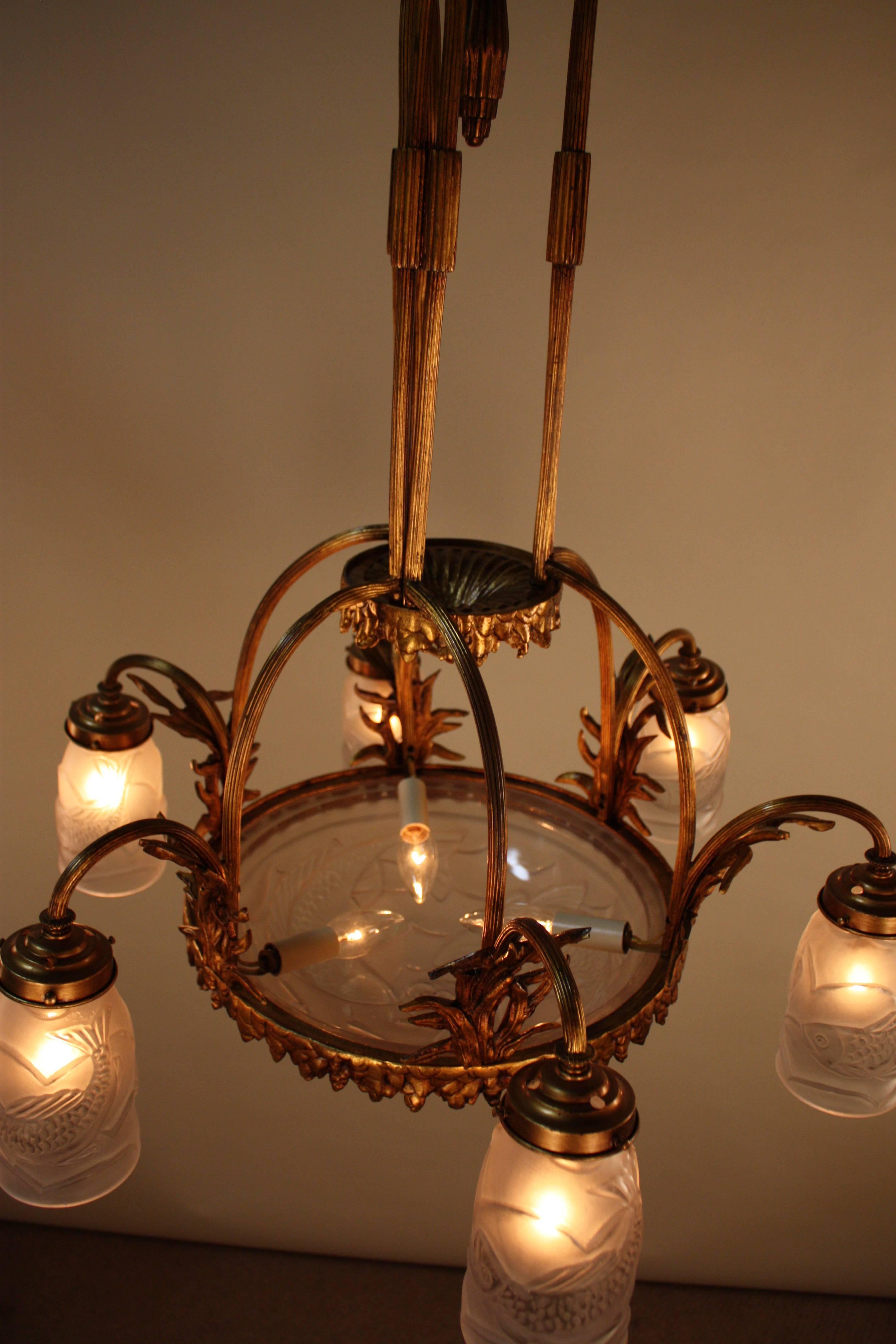 French Art Deco Bronze Chandelier with Molded Glass Shades 3