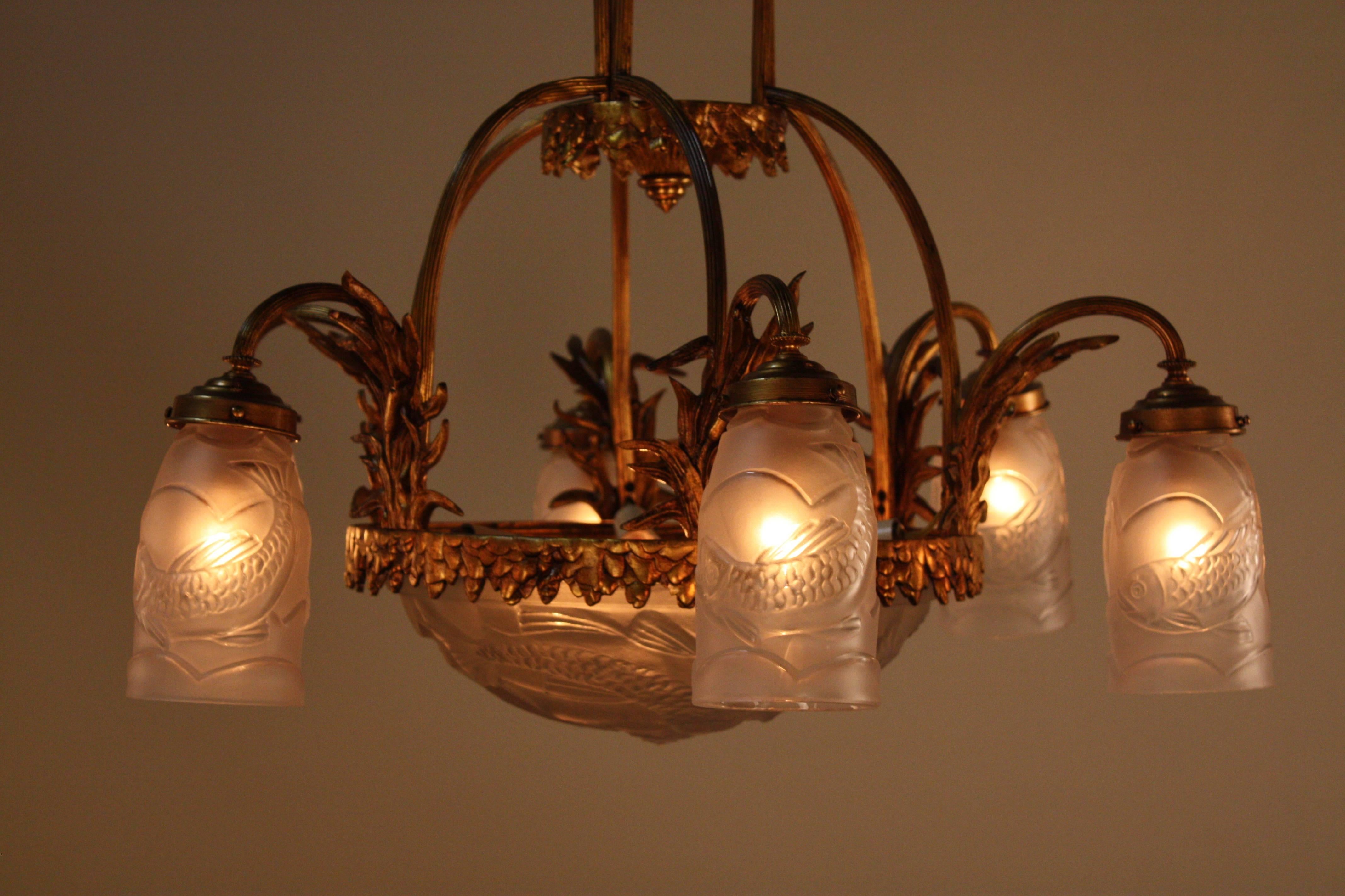 French Art Deco Bronze Chandelier with Molded Glass Shades 2