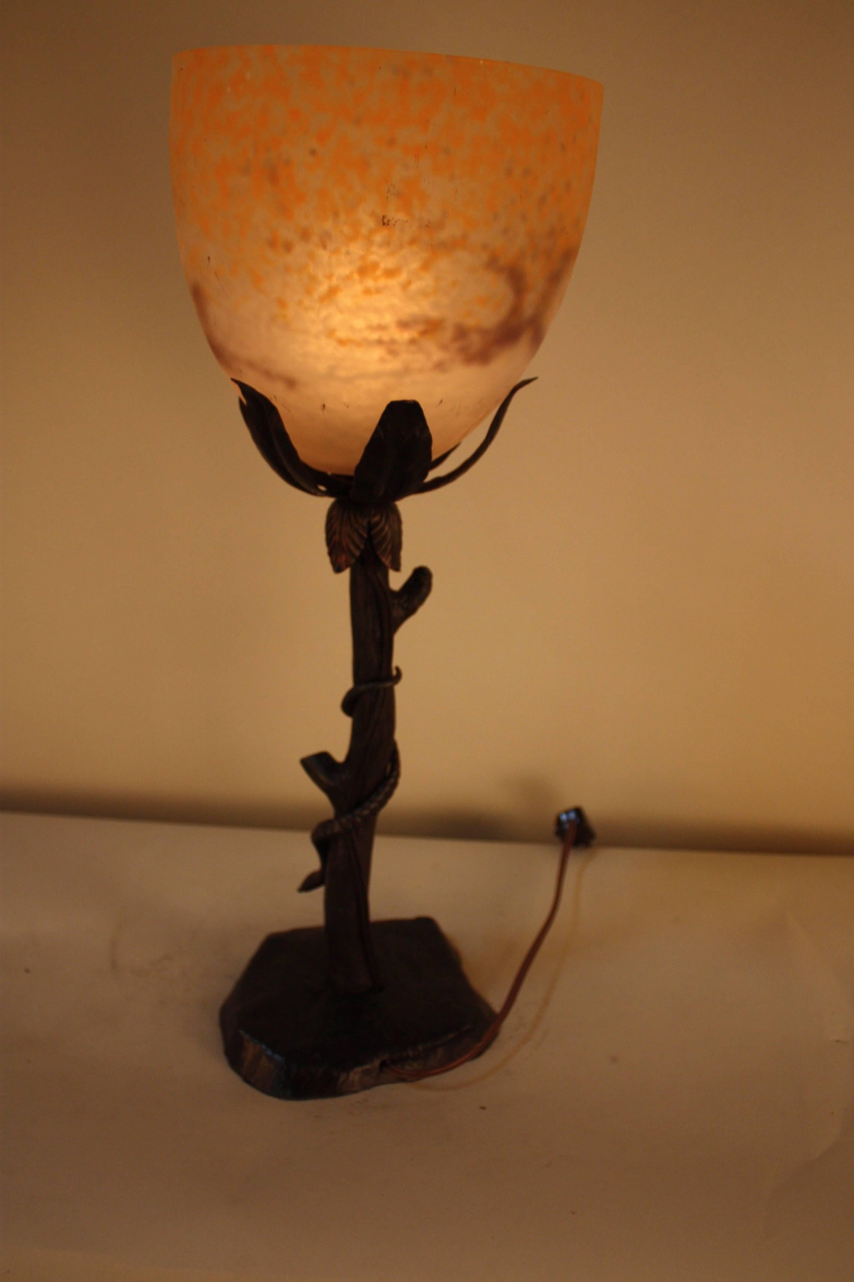 Blown Glass Wrought Iron Table Lamp with Snake Motif and Art Glass Shade