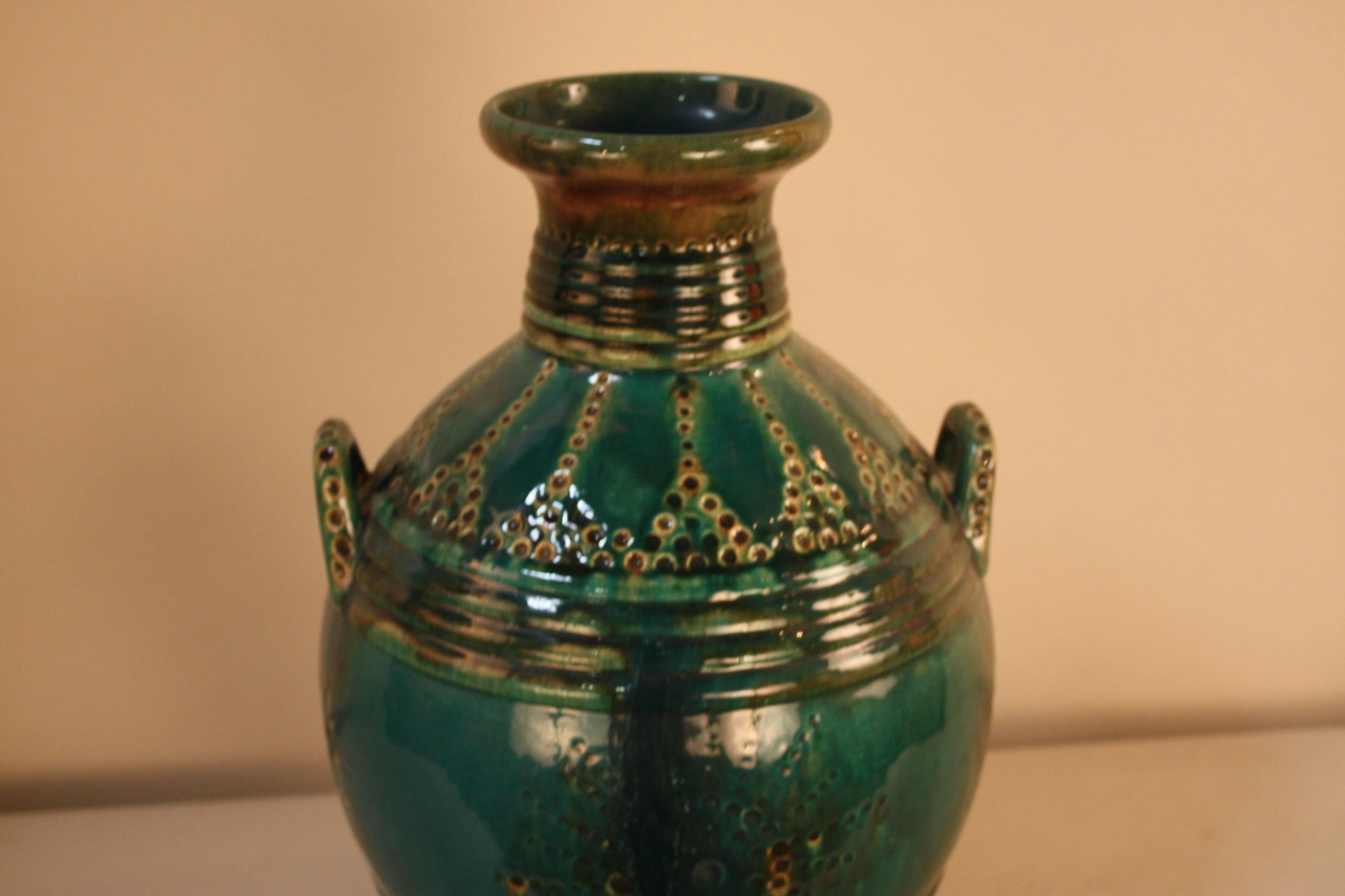 French 1930s green pottery vase by Primavera.