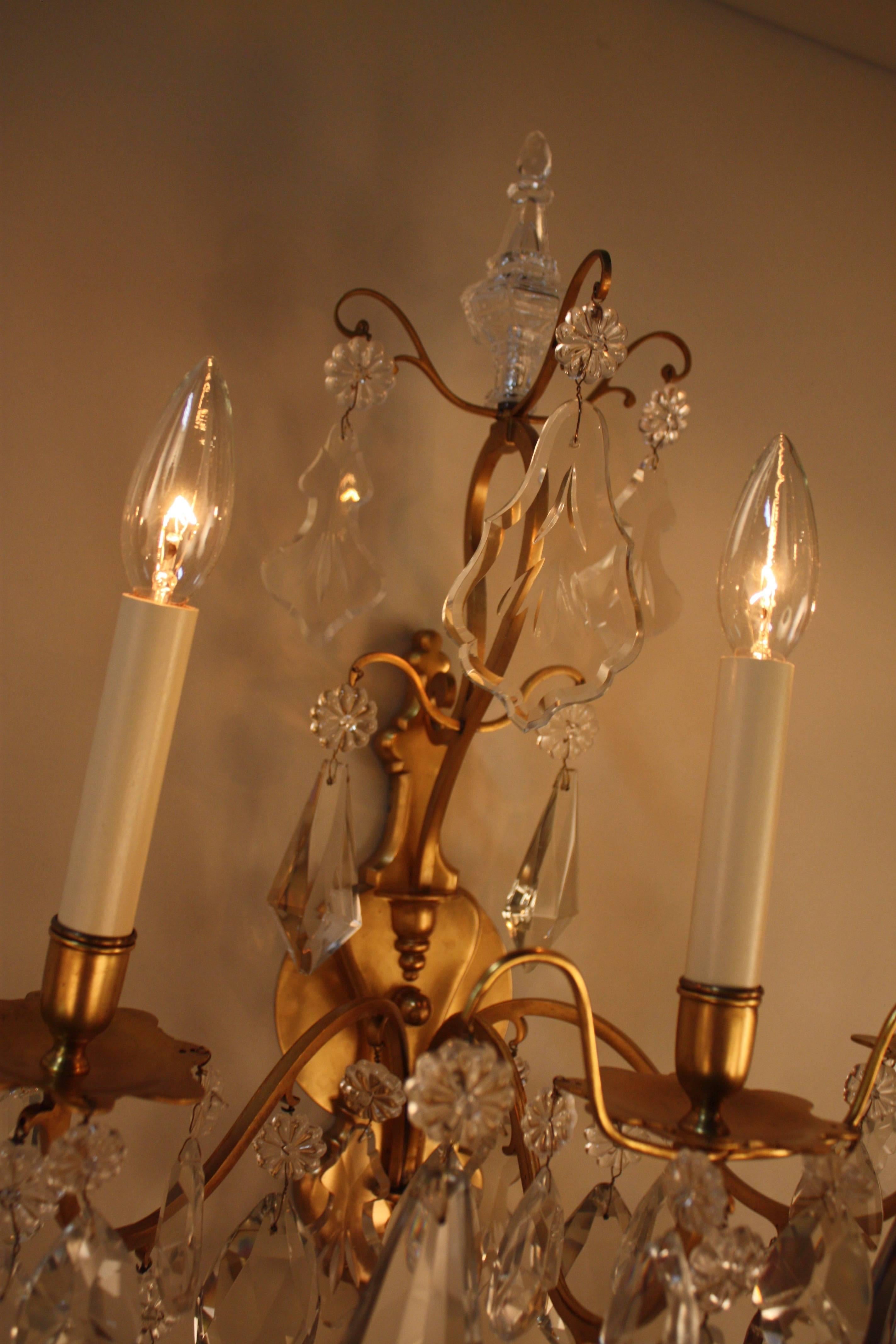 French Pair of 1930s Crystal and Bronze Wall Sconces