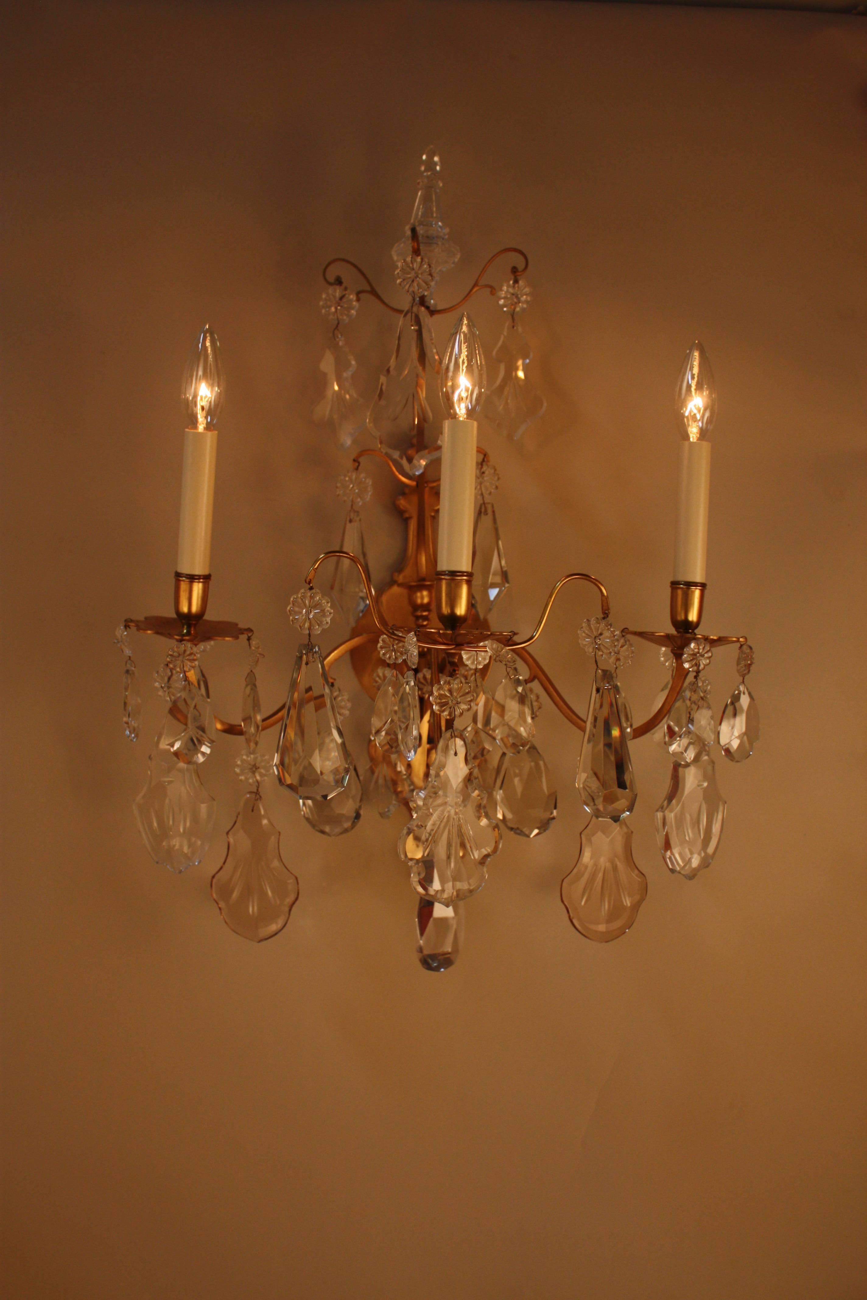 Pair of 1930s Crystal and Bronze Wall Sconces 1