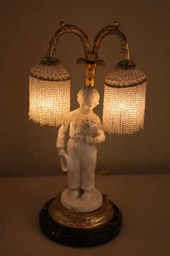 Pair of French 1920s Bisque and Beaded Glass Table Lamps