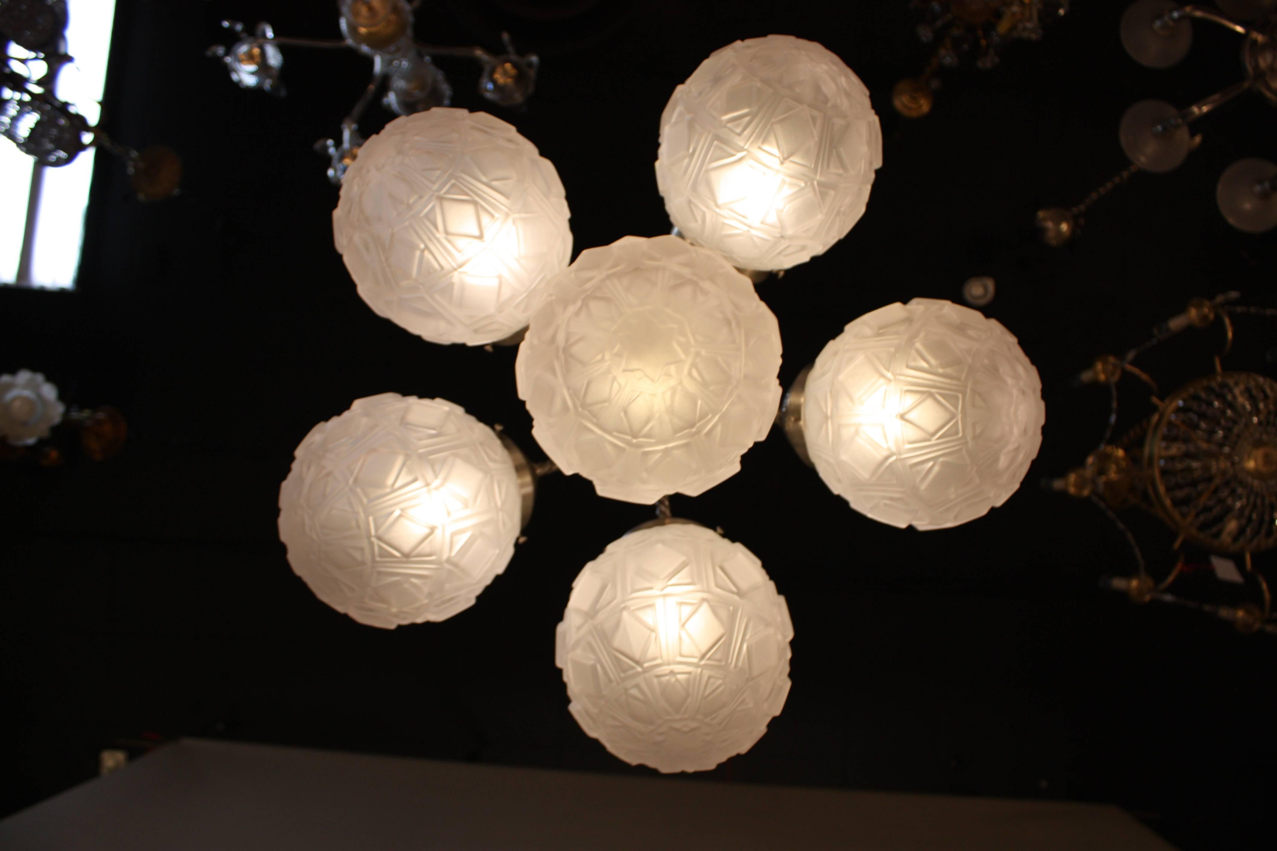 Mid-20th Century French Art Deco Chandelier with Six Glass Globe Shades