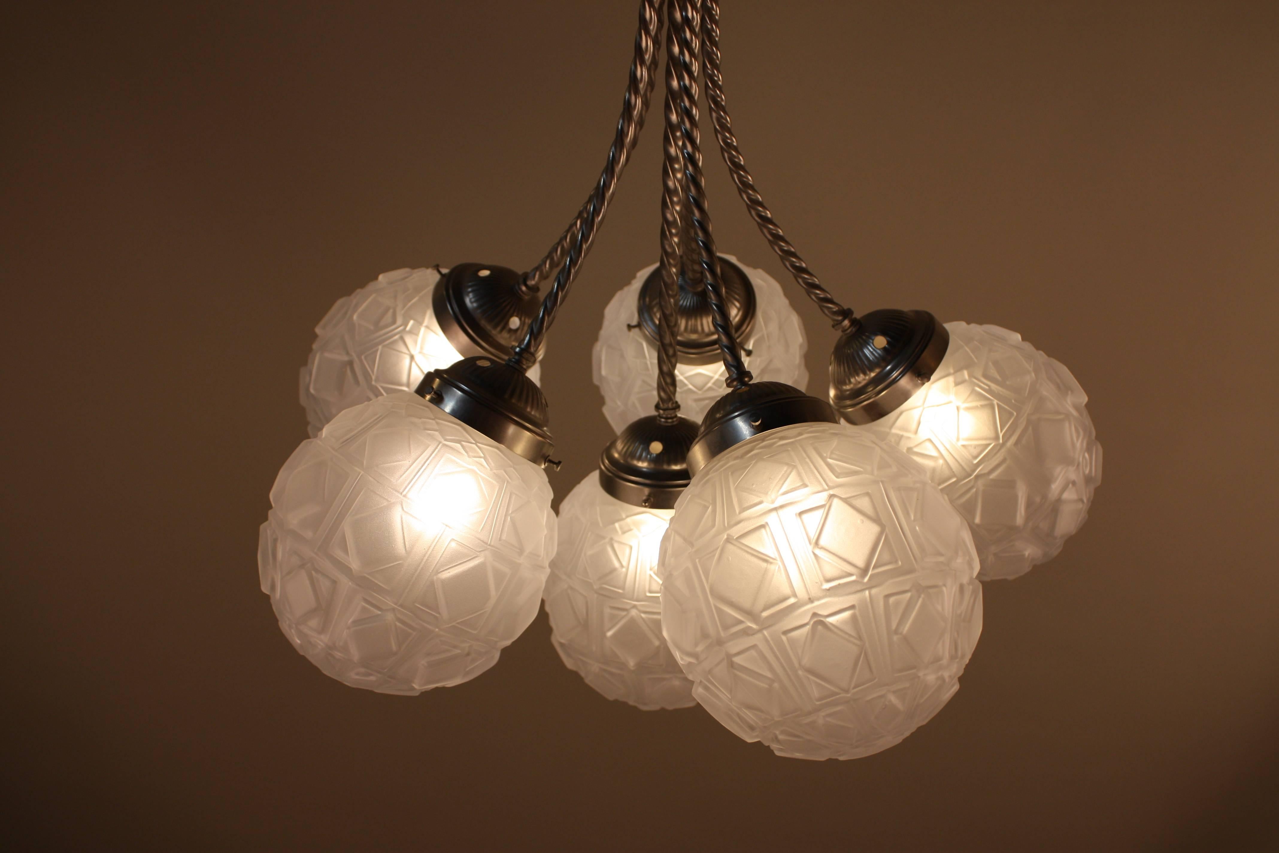 French Art Deco Chandelier with Six Glass Globe Shades 3