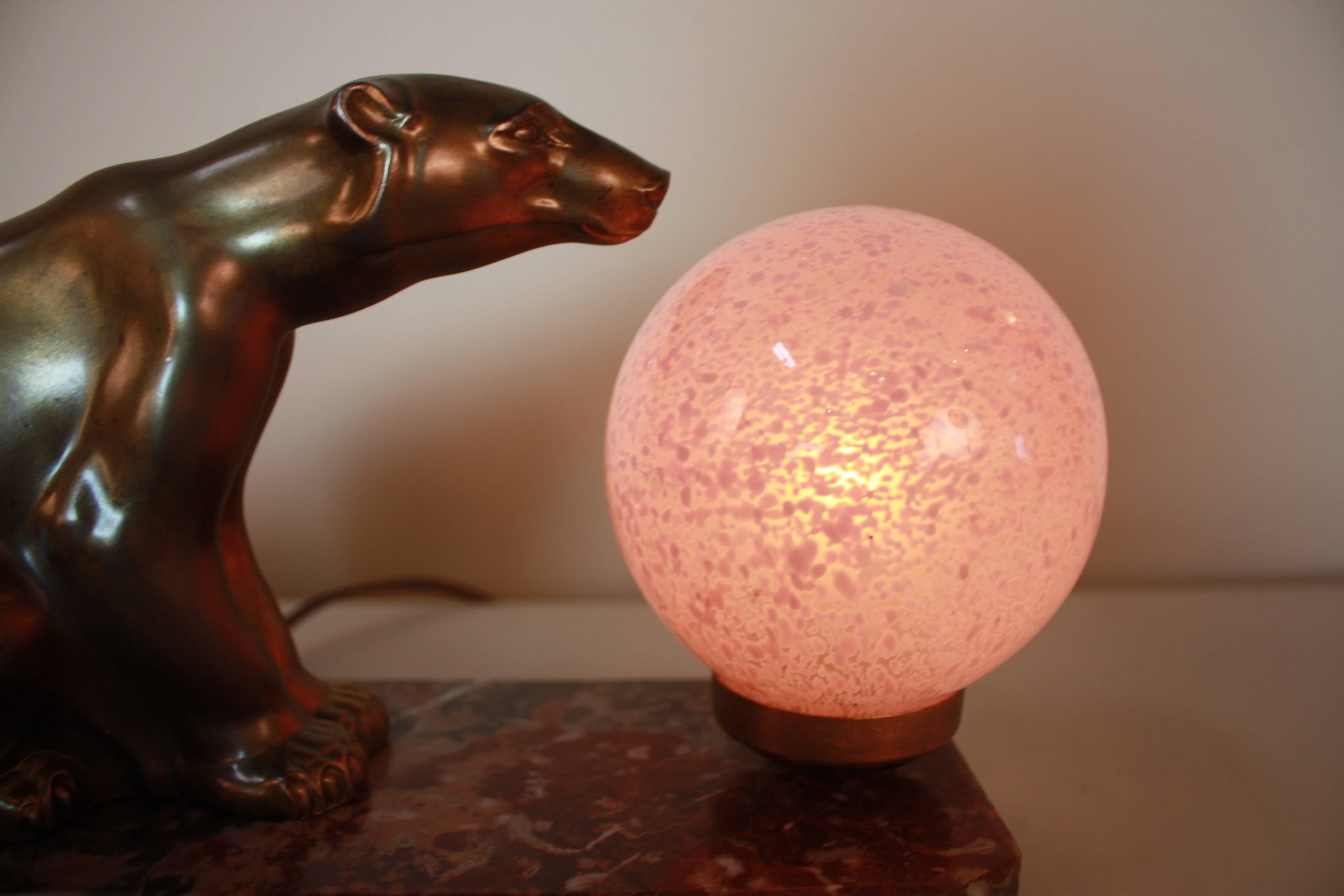 Glass French Art Deco Polar Bear Table Lamp by M. Font