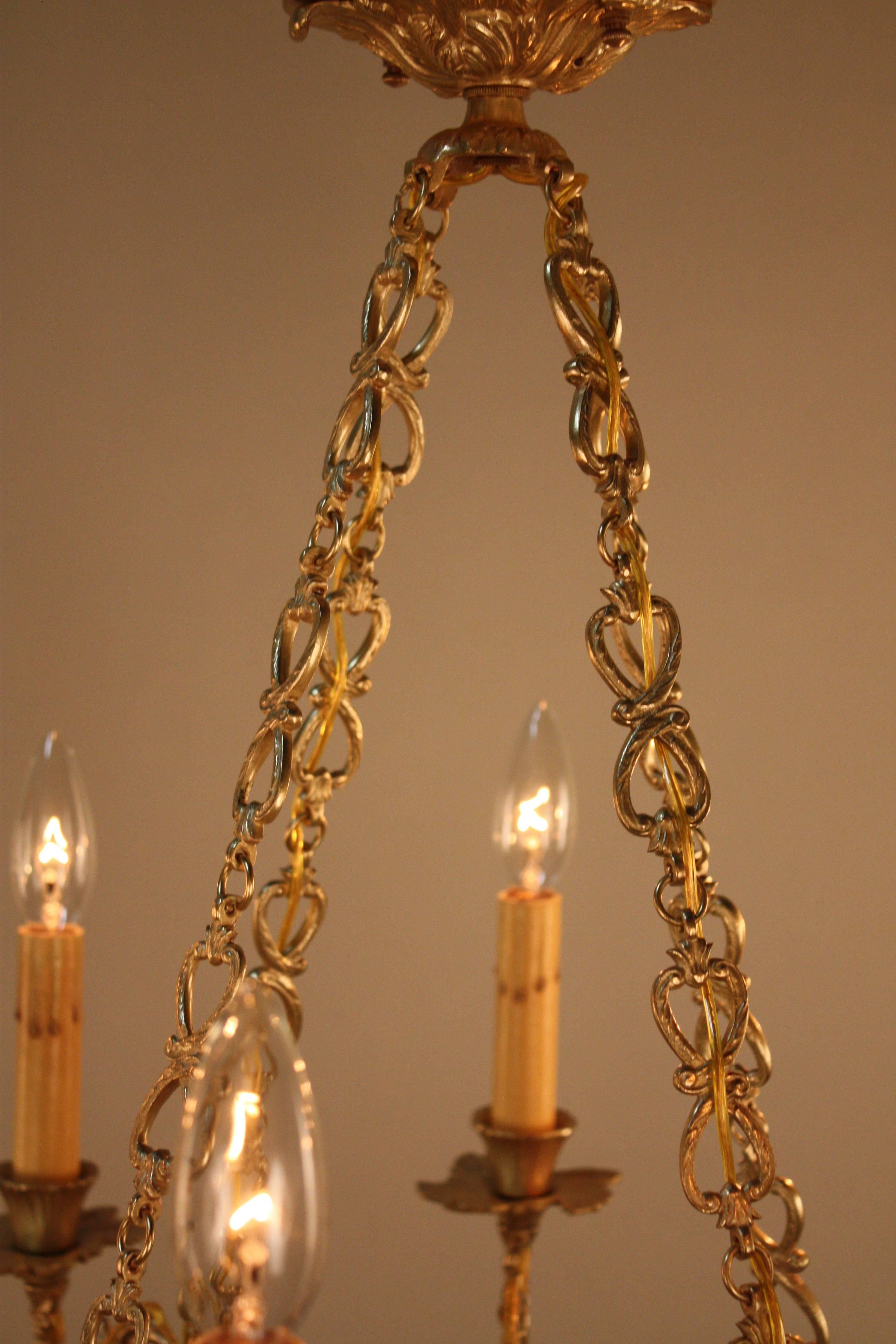 Mid-20th Century French Bronze and Porcelain Chandelier
